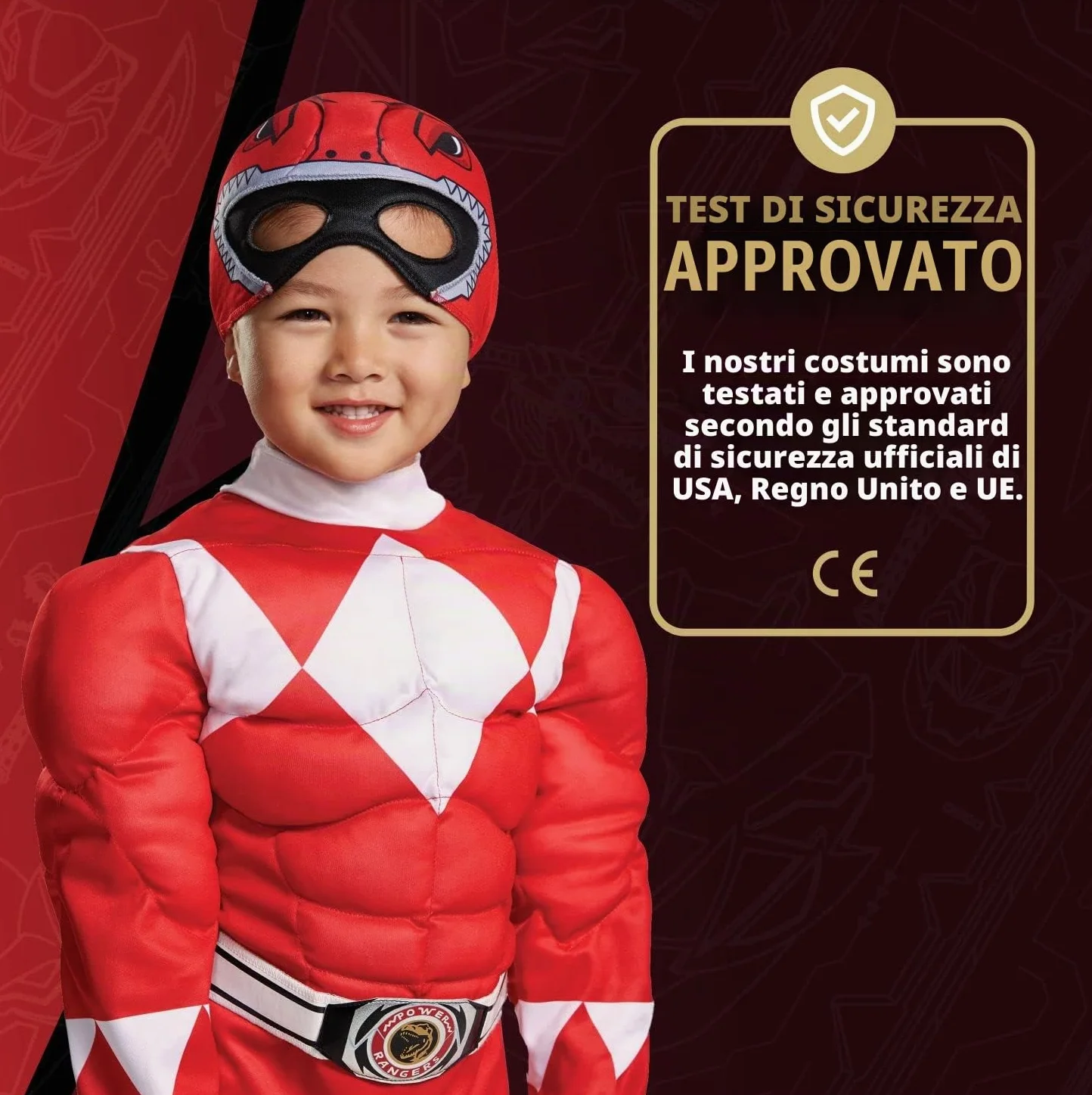 Disguise Costume Power Ranger Rosso Bambini, Vestito Muscoloso Carnevale Power Ranger, Costumi Di Carnevale Per Bambini Taglia XS (3-4 anni)