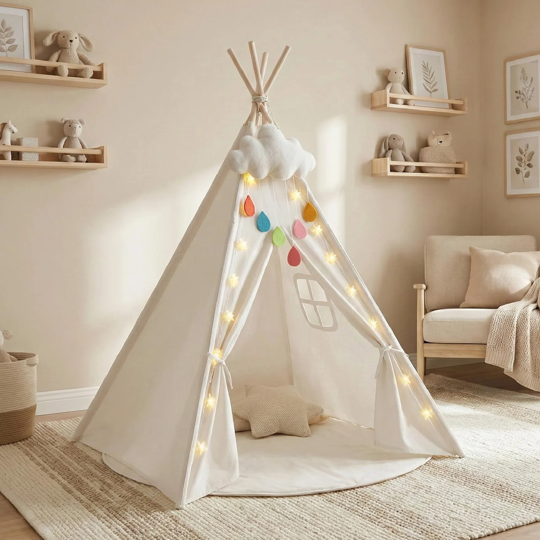 Buddy Baby Tipi - Tenda per lettino con luci a stella e peluche nuvola – Tappeto imbottito – Gioco interno esterno