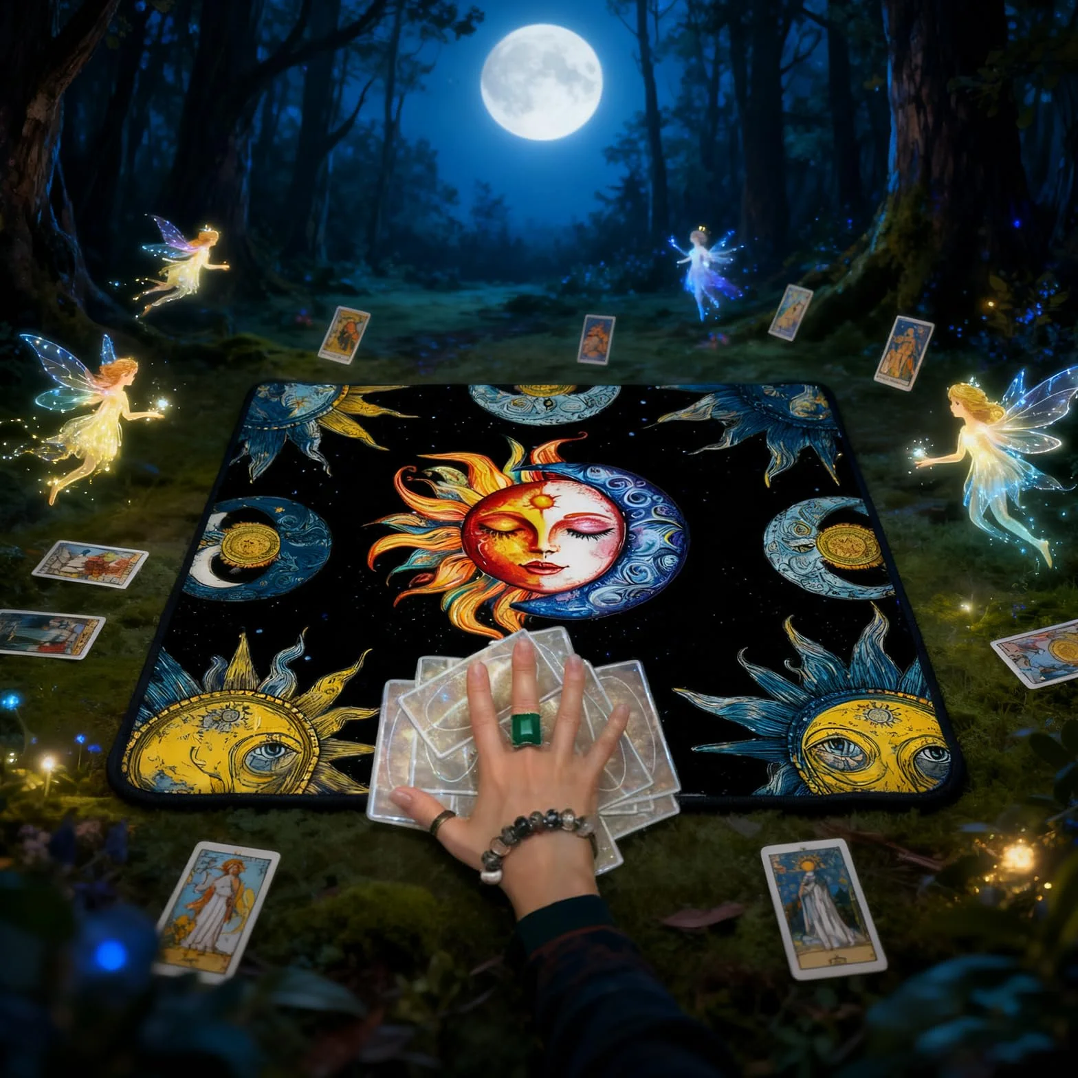 Mantello per Carte dei Tarocchi Nero con Simboli della Luna e del Sole, Tappetino da Lettura per Divinazione