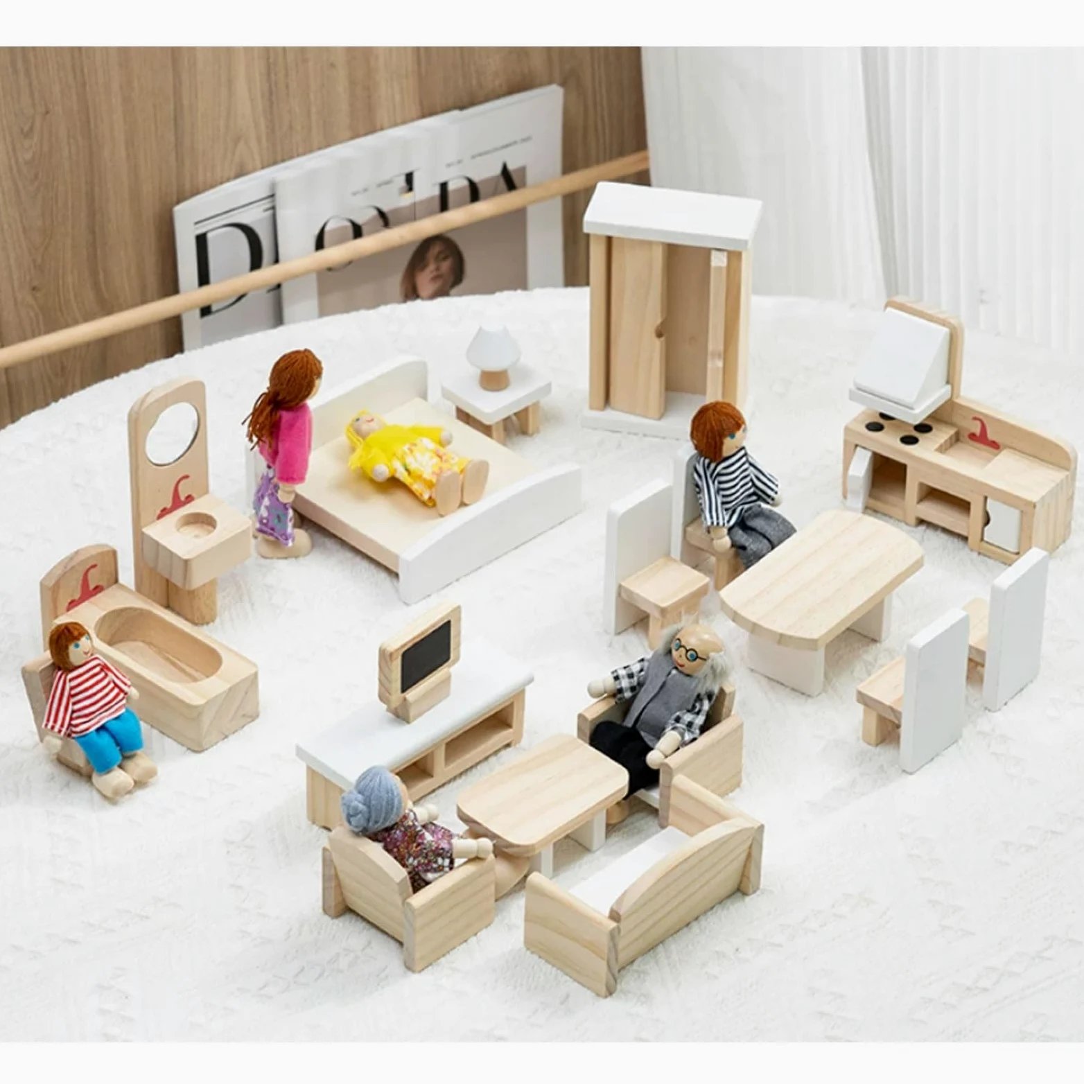 Set di mobili in Legno per casa delle Bambole Montessori | Accessori Mobili Miniatura Simulazione Domestica, Kit Arredamento Casa delle Bambole Gioco Ruolo