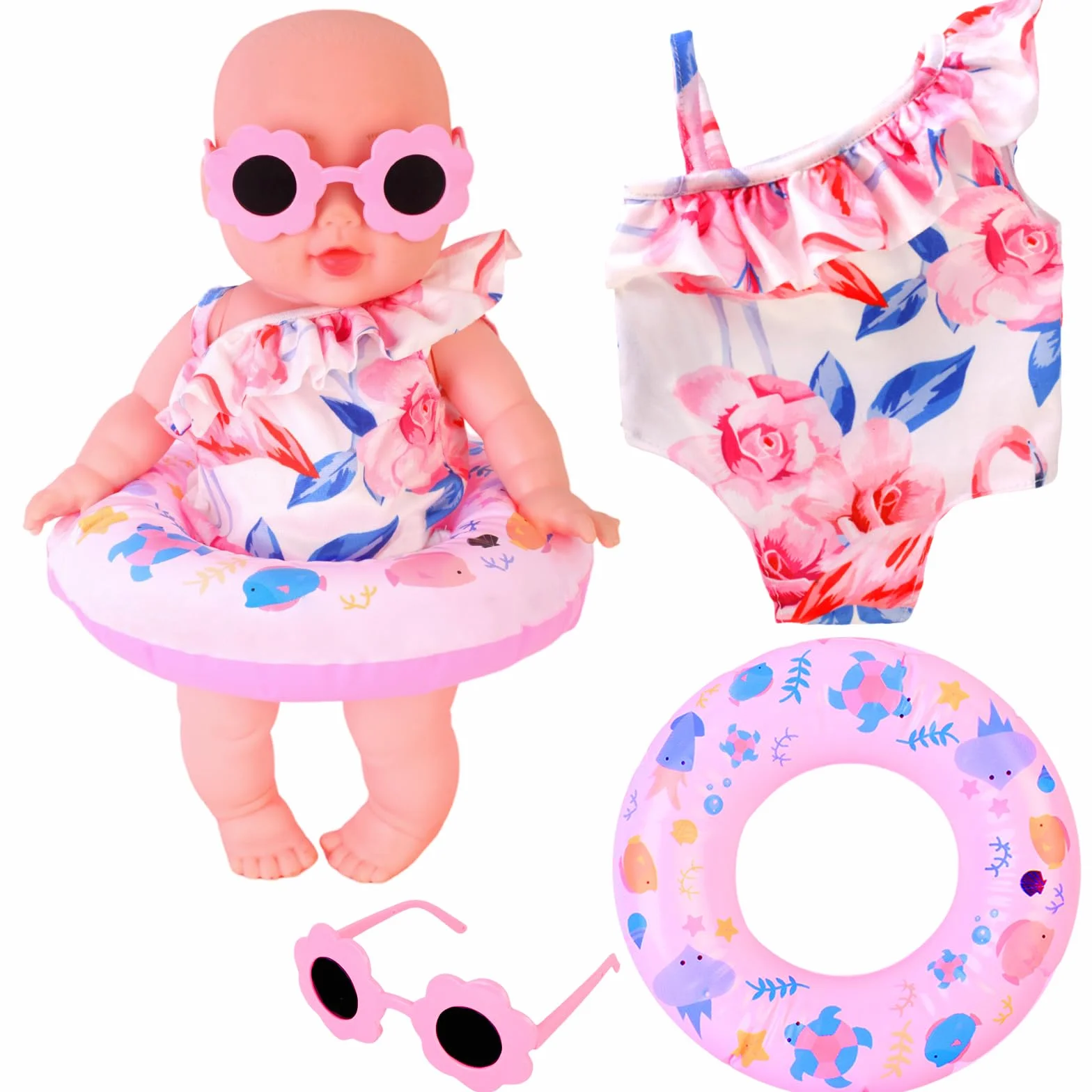 Set da Nuoto per Bambole con Costume da Bagno per Bambole, Occhiali da Sole Bambola Rosa, Anello per Il Nuoto Bambolotto, Costumi da Bagno per Bambole 35-45 cm, Accessori per Bambole (A)