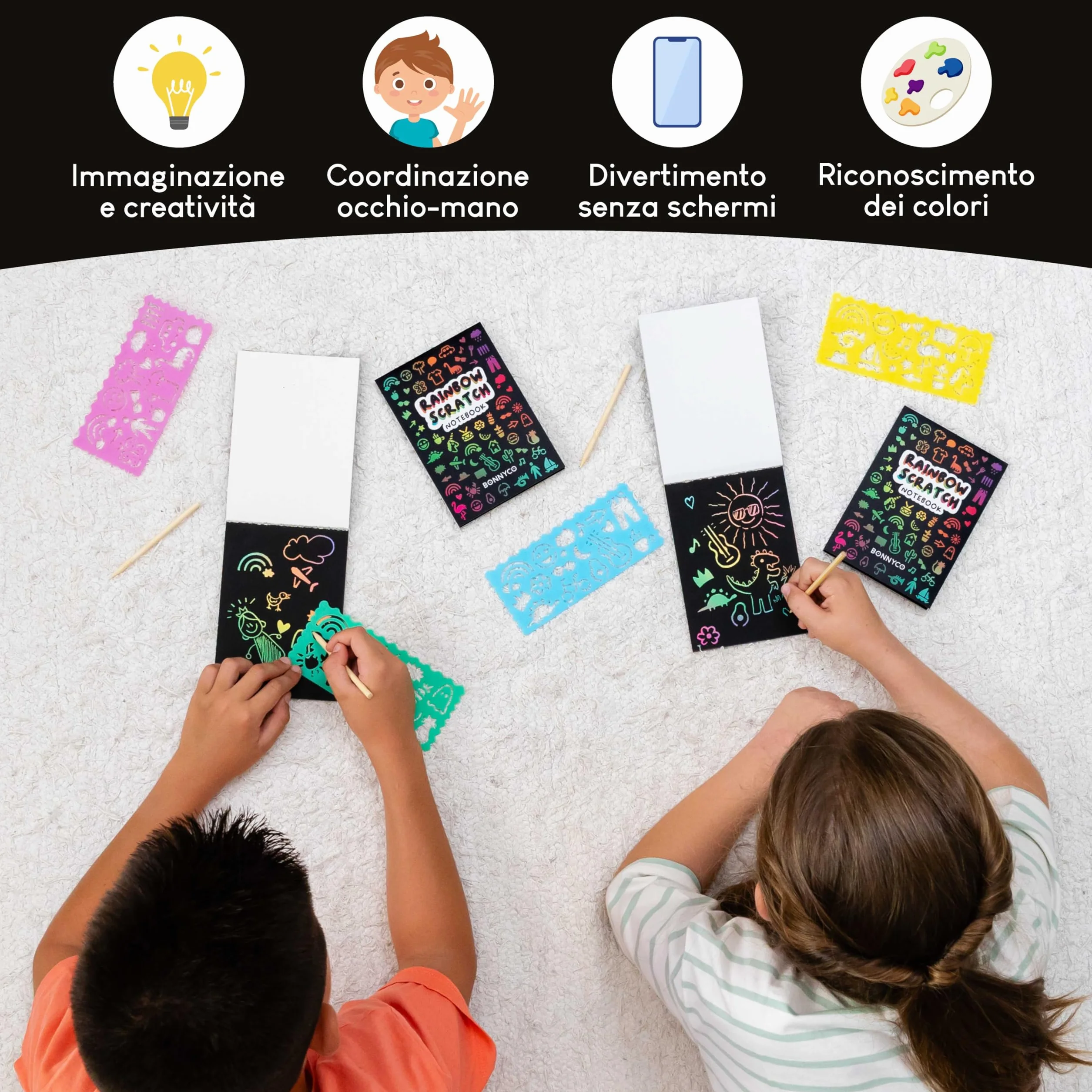BONNYCO Scratch Art Bambini, 16 Set con Quaderno da Grattare, Stencil e Penna in Legno