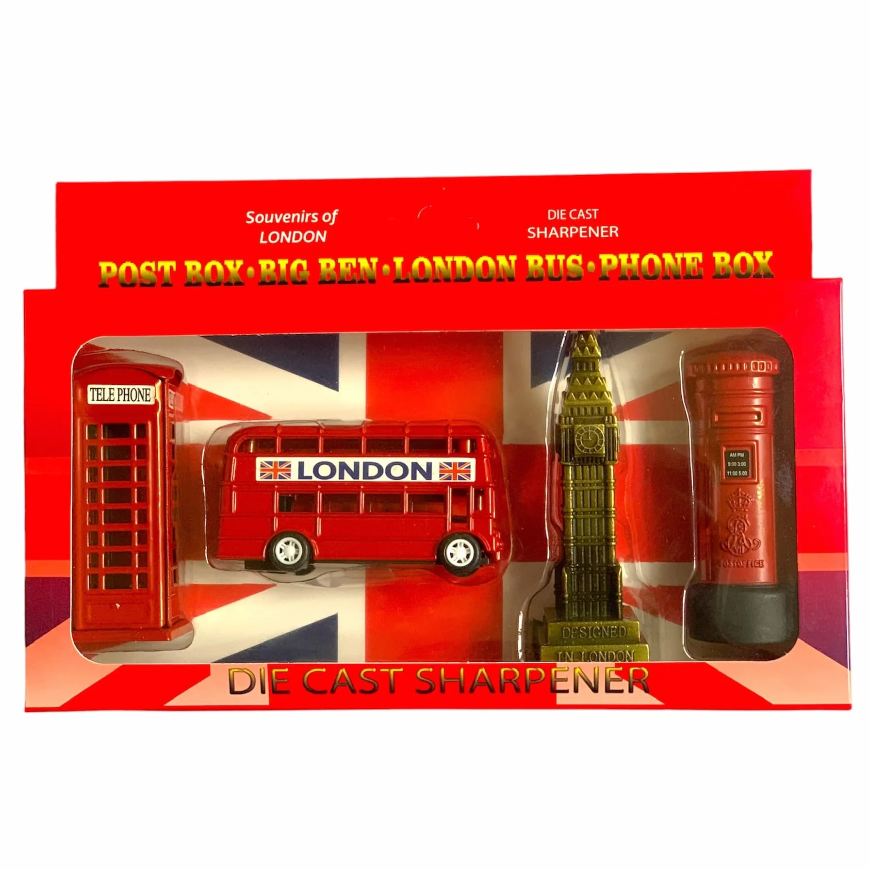 London Souvenir - Set di temperamatite (confezione da 4), Big Ben, autobus, cabina telefonica e cassetta postale, regalo per bambini, materiale scolastico, set regalo di temperamatite pressofuso da
