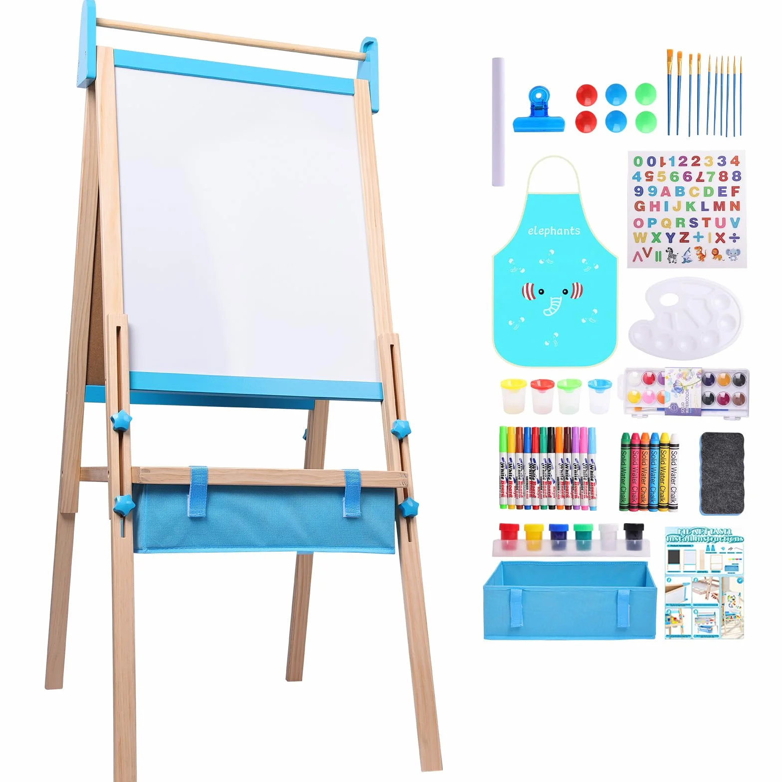 Lavagna per Bambini 3 in 1 Cavalletto Regolabile 115-134cm Legno Massello Magnetica e Bianca con Rotolo Carta 13 Accessori