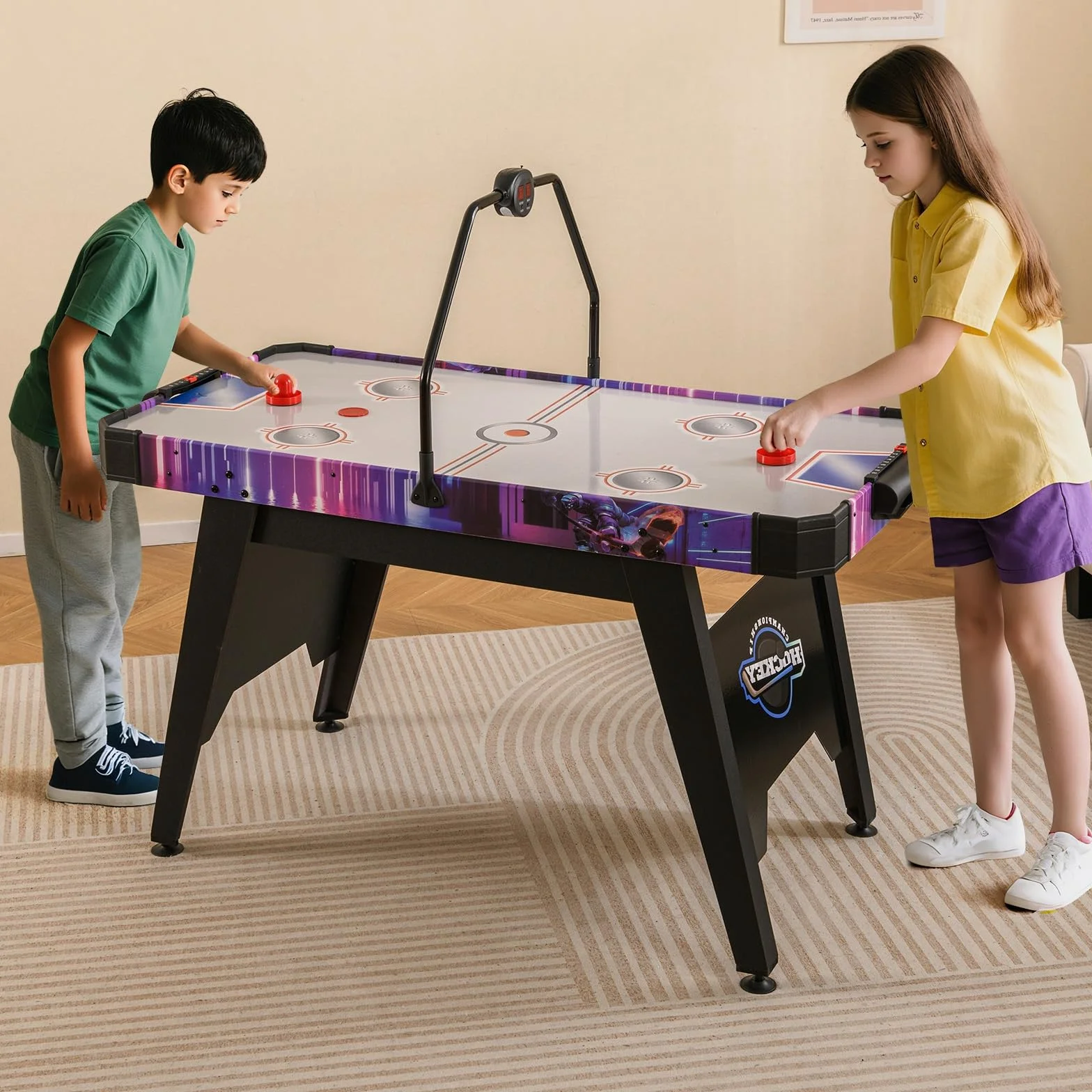 HOMASIS Tavolo da Gioco di Air Hockey con Tabellone Segnapunti LED, 2 Aste e Dischetti, Pedali Regolabili, Tavolo da Hockey per Famiglia, Bar, Casa, Ufficio, per Bambini e Adulti