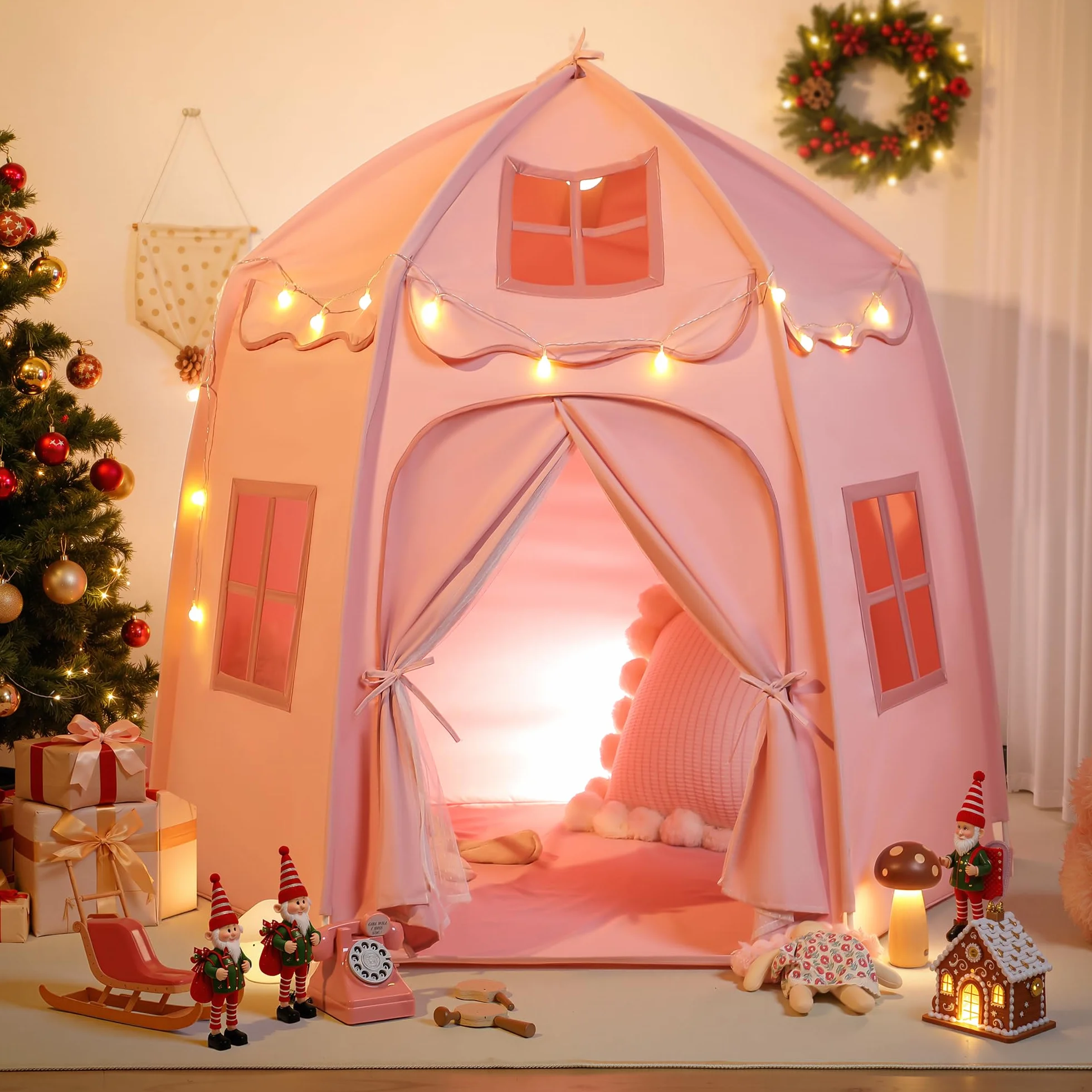 Besrey Tenda per Bambini con Luci – Tenda Gioco per Bambini a Castello per Principesse, Ampio Spazio Interno, Struttura Stabile – Ideale per Tenda Bambini Cameretta e Interni (Rosa)