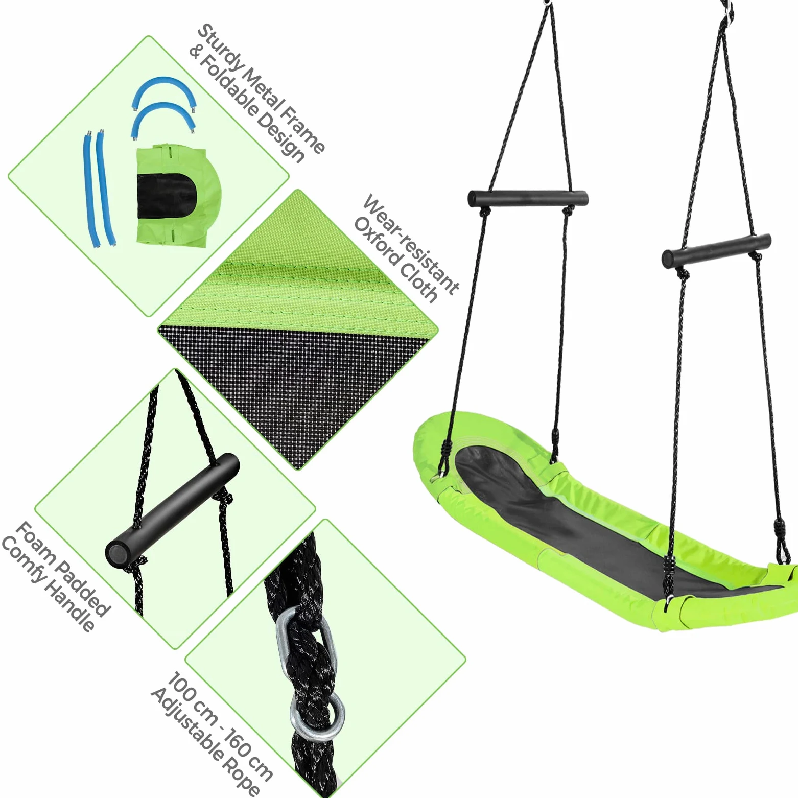 KOMFOTTEU Altalena regolabile in altezza con braccioli, portata 150 kg | Altalena da giardino per bambini e adulti, per interni ed esterni, colore verde