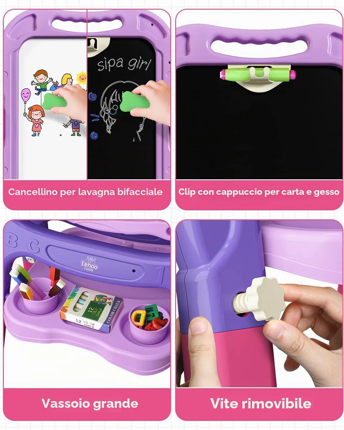 Lehoo Castle Lavagna per Bambini, 4 in 1 Lavagna Magnetica per Bambini, 360° Cavalletto Pitturai Regolabile Altezza, Giocattolo Educativo 3+ Anni(Viola)