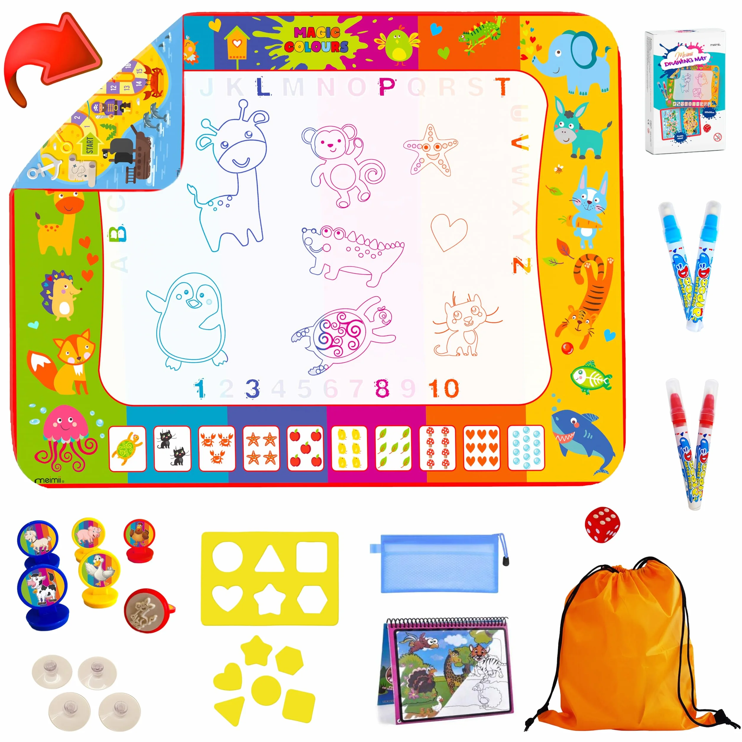 Tappeto Magico 2 Lati 120x90cm Con Accessori, Giochi Educativi e Didattici, Giocattolo per Disegni, Acqua, Bambini 3 anni, Doodle Idea Regalo Design Registrato