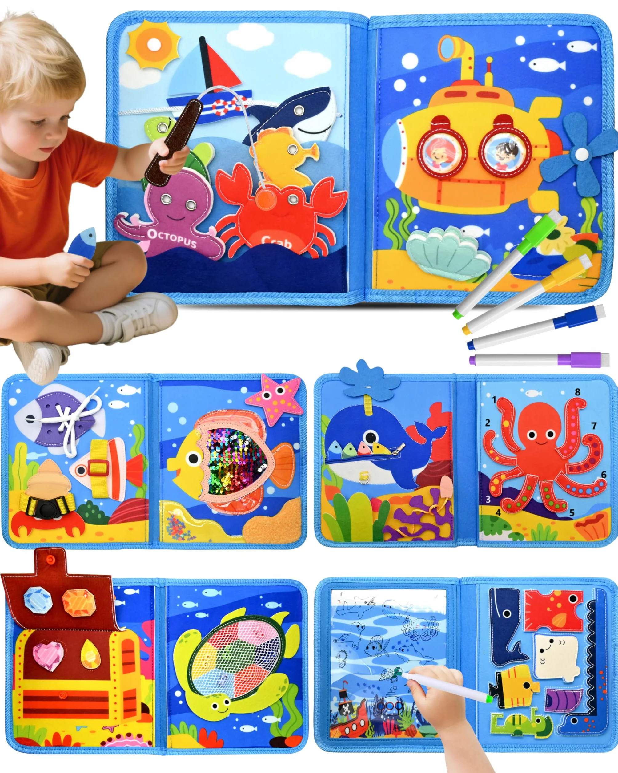 Busy Board Libro Montessori Interattivo 1 Anno, Busy Book Sensoriale Educativo, Giochi Montessori 1-4 Anni, Pannello di Feltro Attività, Valigetta Montessori Bambini (Oceano)
