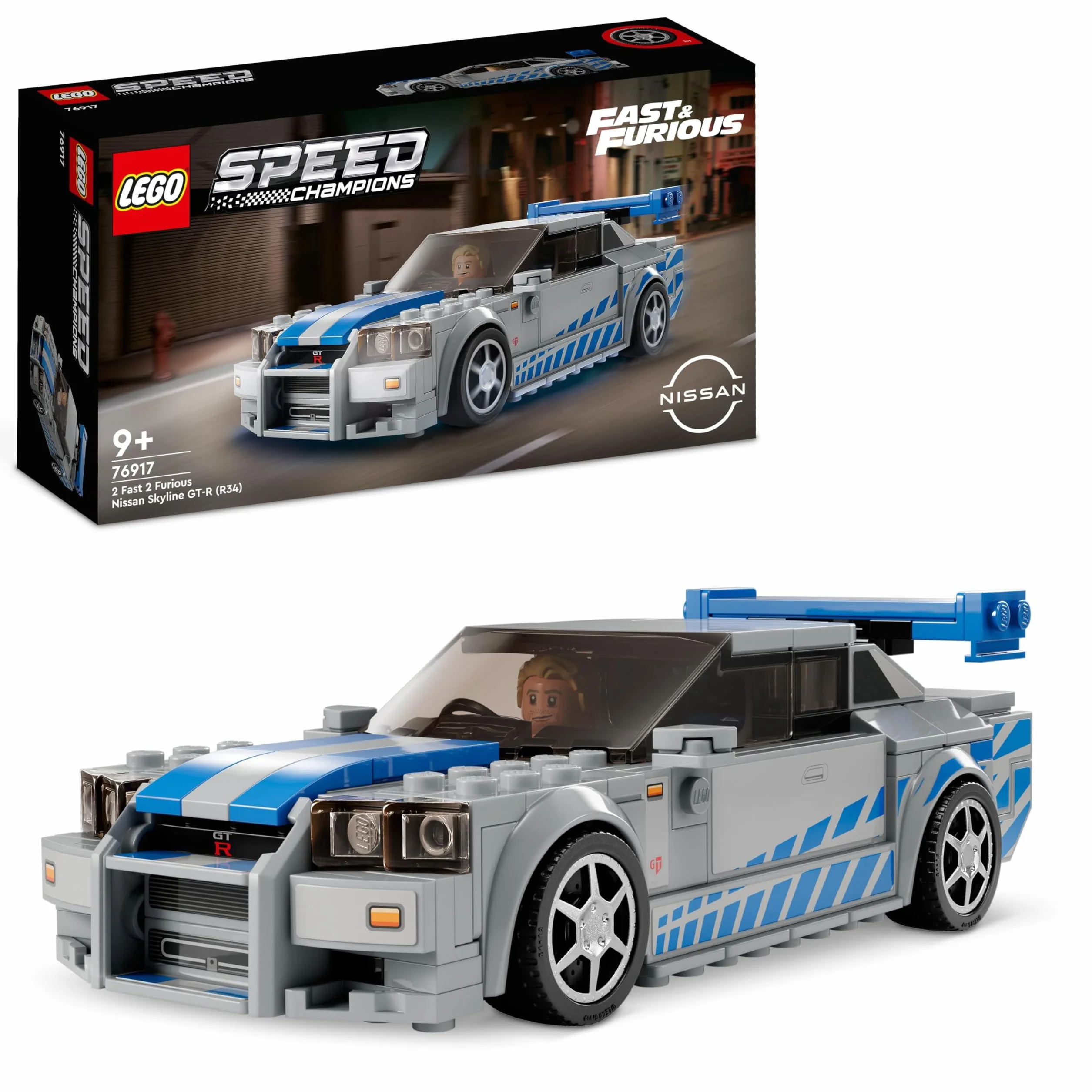 LEGO 76917 Speed Champions 2 Fast 2 Furious Nissan Skyline GT-R (R34) Macchina Giocattolo, Modellino Auto da Collezione 2023 con Minifigure, Giochi per Bambini