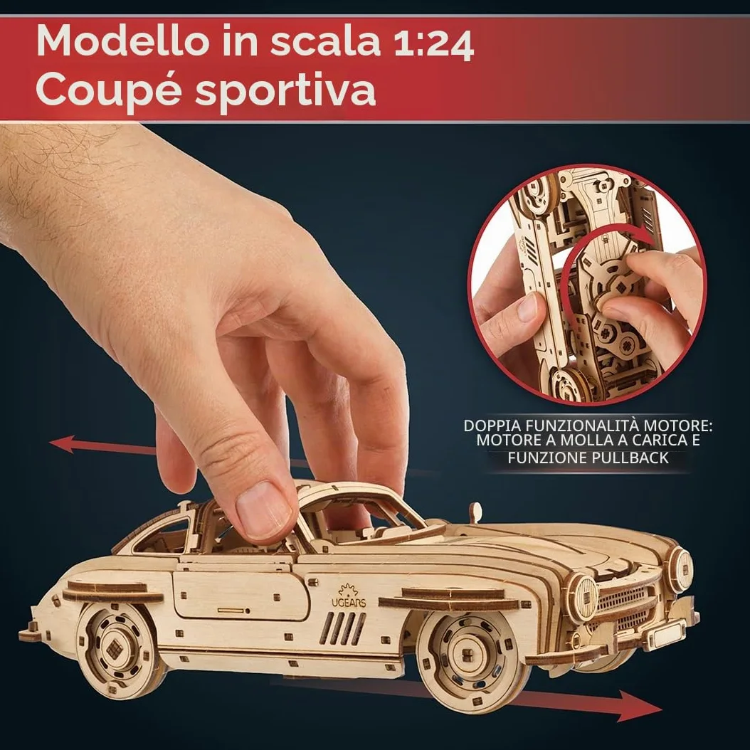 UGEARS Coupé Sportiva con Alettone - Modellismo Auto da Costruire Adulti - Puzzle 3D Legno Costruzioni per Adulti - Kit Modellino Auto da Costruire con Autentico Design ad Ali di Gabbiano