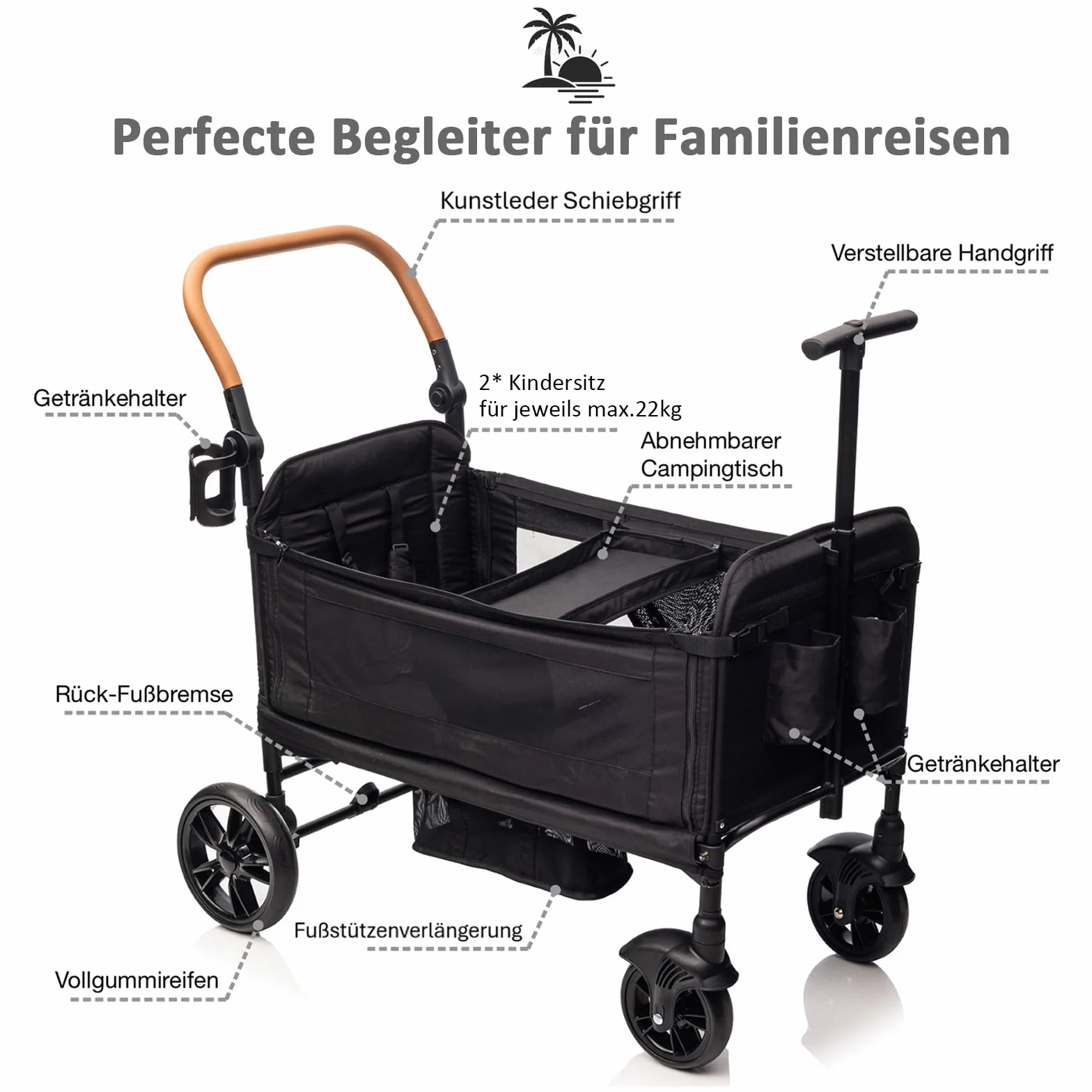 vickey Carrello pieghevole con tetto, 2 bambini, 150 kg, carrello cargo, pieghevole, con manico scorrevole, Duo, resistente agli urti, ruote in poliuretano con freni, portabevande, 100 l, nero