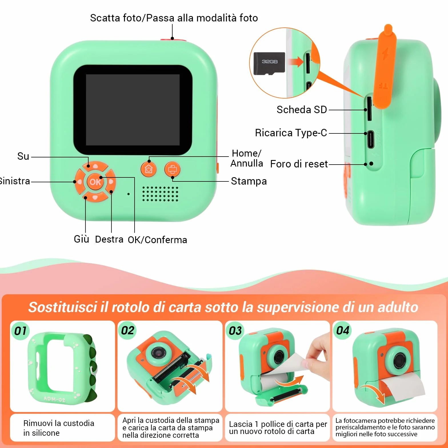ZUEOKAI Fotocamera Istantanea Bambini 2,4" 180° Flip Obiettivo 32GB