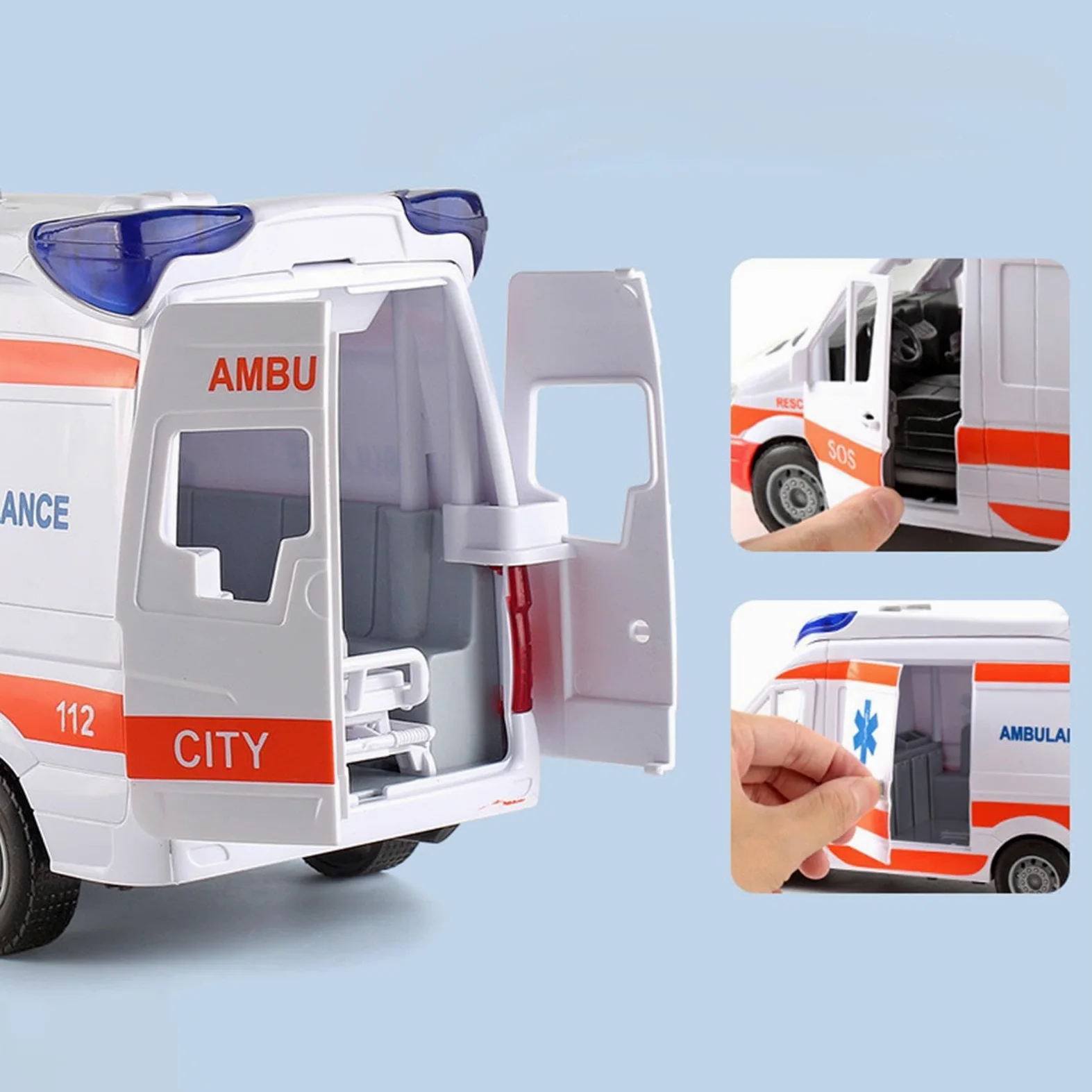 Ambulanza con auto giocattolo - Grande porta posteriore che può essere aperta con barella - 30 cm - Veicolo di salvataggio medico, furgone di emergenza con luce e suono, di ruolo per bambini d