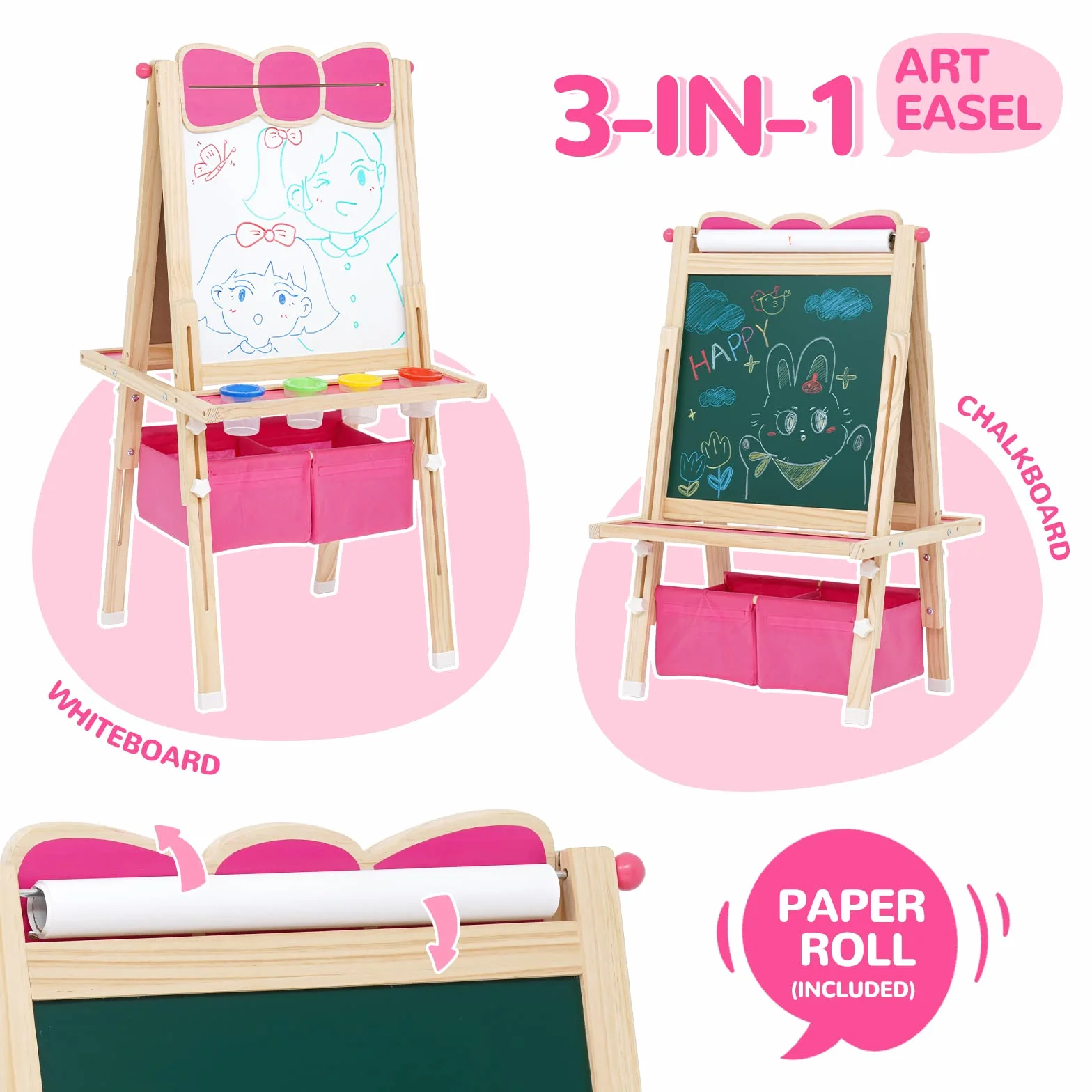 Lavagna per bambini, Lavagna con Cavalletto Bambini in legno, Disegno dell'arco regolabile in altezza, per bambini, con Rotolo di carta Giocattoli Educativi 3+ Anni (Rosa)