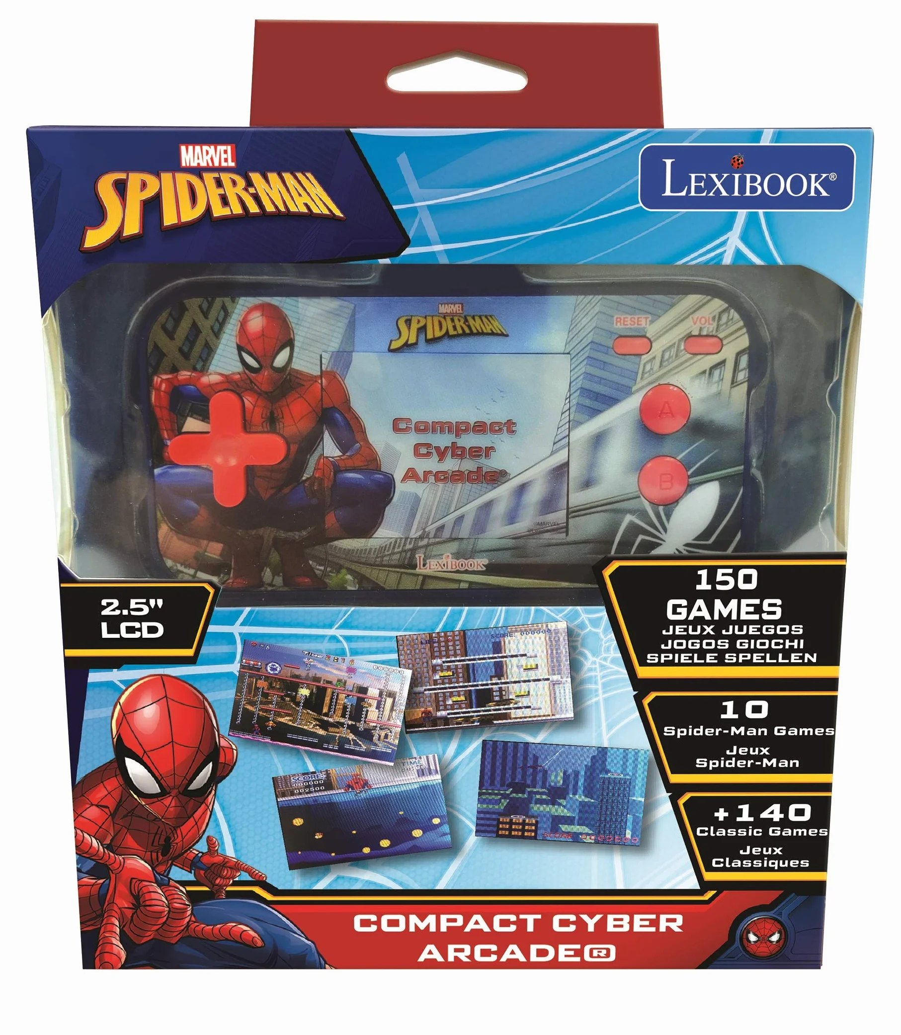 Lexibook, Spider-Man, Cyber Arcade compatto, console portatile, 150 giochi, schermo LCD a colori, funzionamento a batteria, blu/rosso, JL2367SP