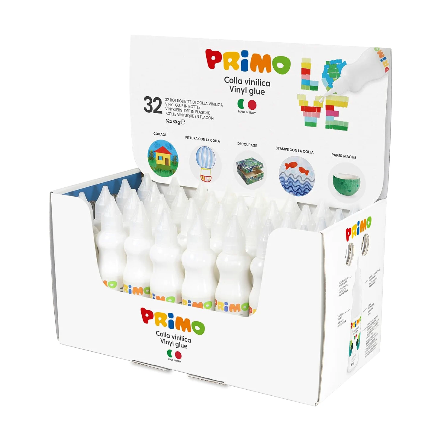 PRIMO - Colla Vinilica Bianca con Beccuccio di Precisione per Cartoleria e Lavoretti Creativi, 32 Colle da 80gr Alto Potere Adesivo per Superfici Lisce, Porose e Lucide, Découpage, Materiale Didattico