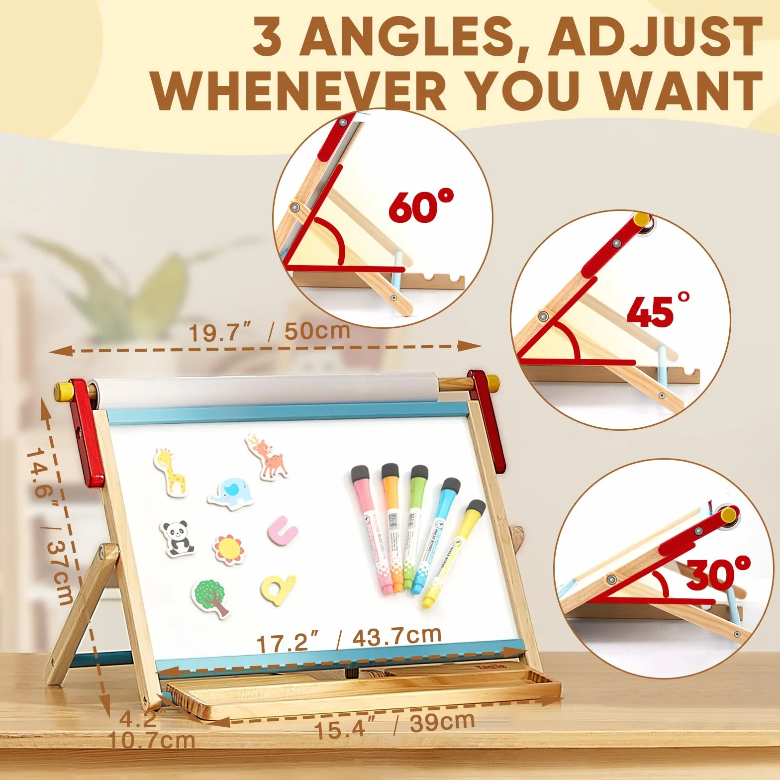 FUNLIO Cavalletto da Tavolo 3-in-1 per Bambini 3+ (100+ accessori), Lavagnetta Magnetica in Legno, Lavagna Cancellabile per Bambini con Rotolo Carta, 3 Angoli Regolabili, Pieghevole - Blu