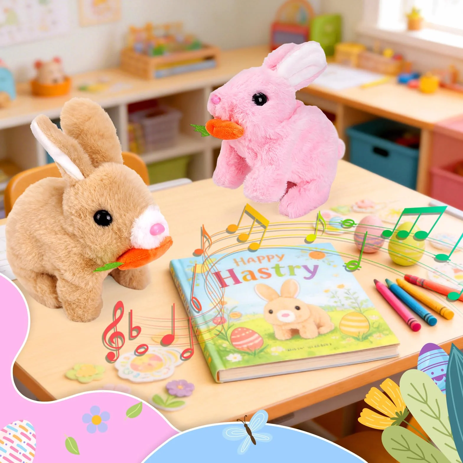Giocattoli interattivi, coniglio che salta, coniglio di peluche piccoli, suoni e orecchie e naso si muovono, coniglietto di peluche per regali di Pasqua (marrone chiaro + confezione regalo)