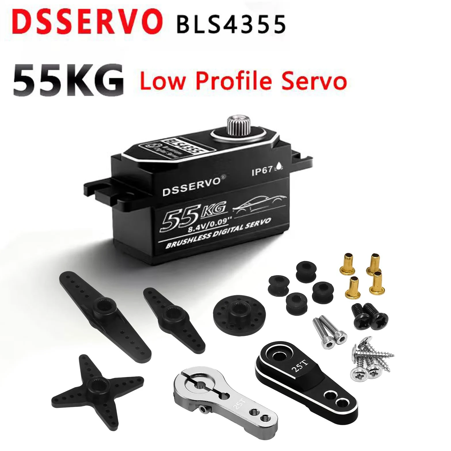Servo brushless a basso profilo da 55 kg con 2 corno servo 25T tutto il metallo IP67 impermeabile Servo digitale ad alta coppia servo sterzo veloce per 1/8 1/10 1/12 1/14 RC auto, 180 °