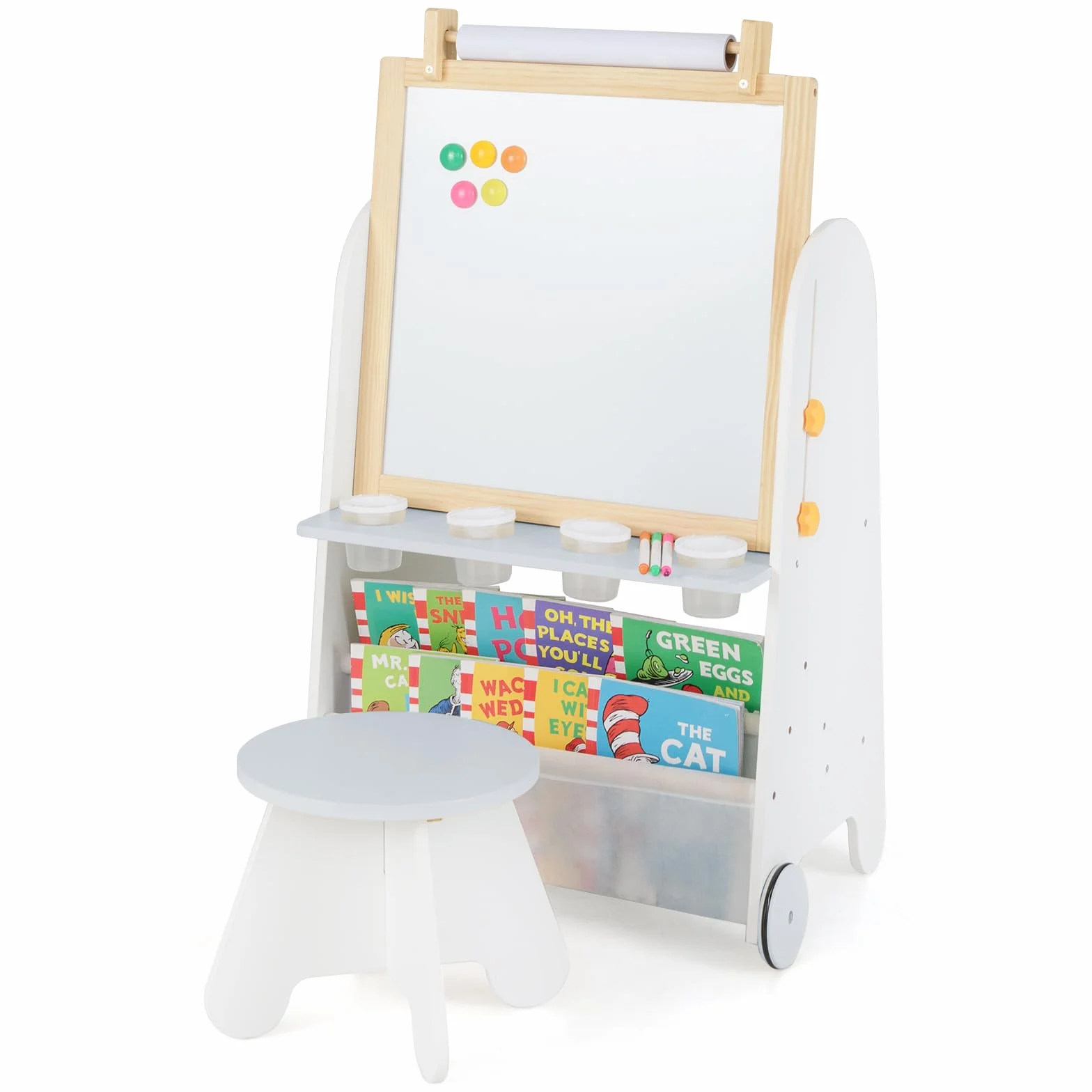 RELAX4LIFE Lavagna 4-in-1 con Sgabello, Lavagna Altezza Regolabile con Ruote, a Gesso, Bianca Magnetico, Ampia Piani di Lavoro & Rotolo di Carta, Regalo per Bambini da 3 Anni in Su