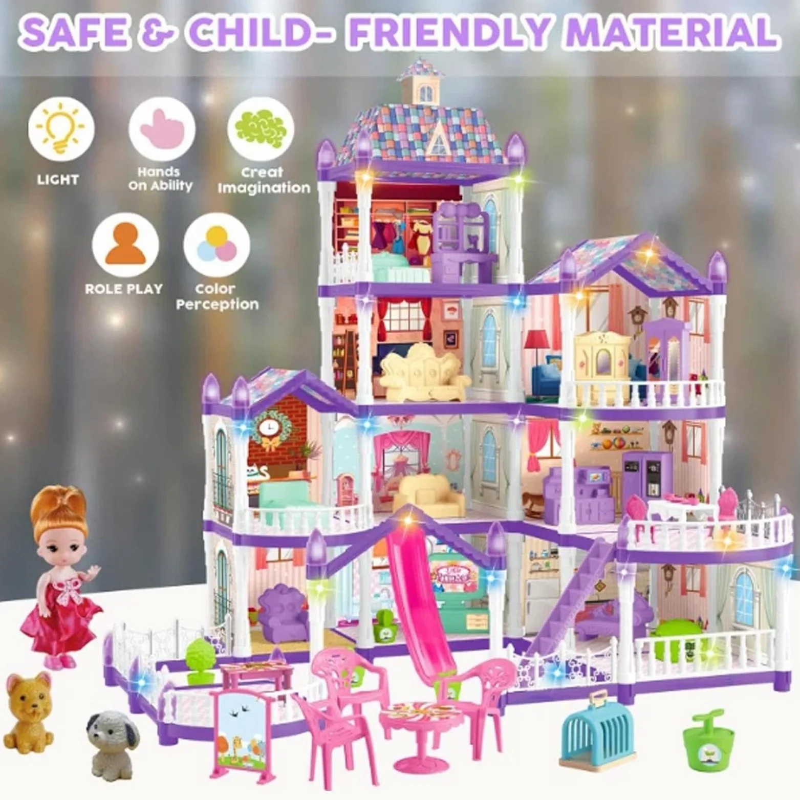 Casa Di Bambole Per Bambine 4 Piani 13 Stanze Villa Miniatura Da Montare | Set di Casa con 3 Principesse e 2 Cuccioli e Arredamento Per Bambine 4-6 Anni Ruolo Finzione