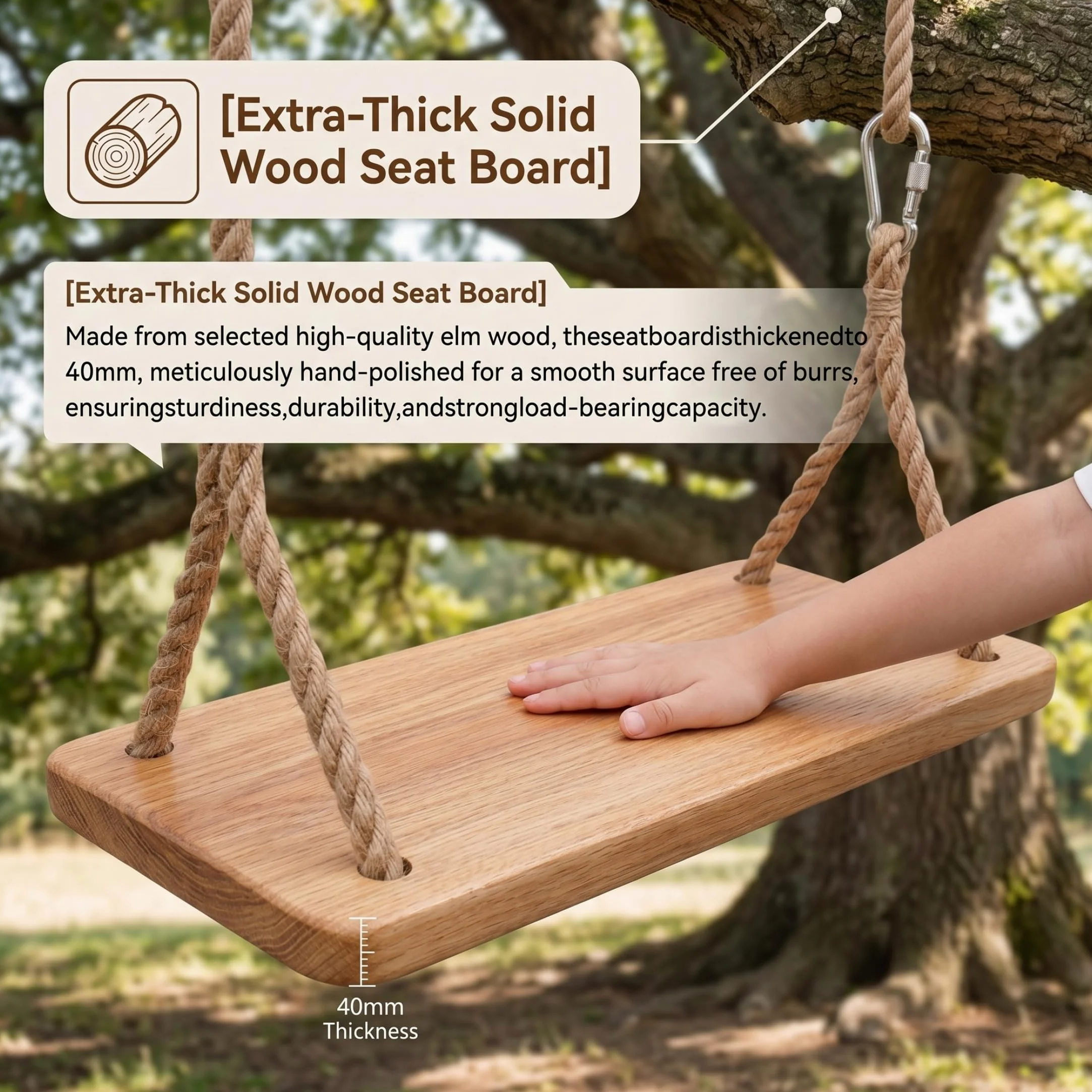 Altalena a trapezio, Altalena in legno per esterni, Legno di olmo spesso per bambini con corda resistente e parti metalliche, Interno/esterno per bambini e adulti, Sedile da 15, 75x6, 30 pollici con