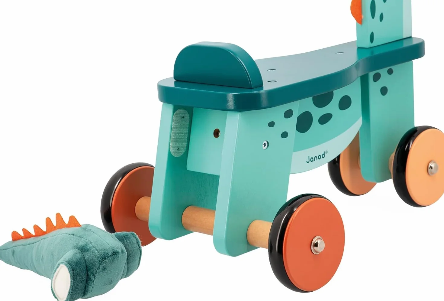 Janod Cavalcabile Dinosauro Portosauro Altezza Sedile 21 cm Coda Peluche Removibile Giocattolo Multisensoriale Legno FSC dai 12 Mesi