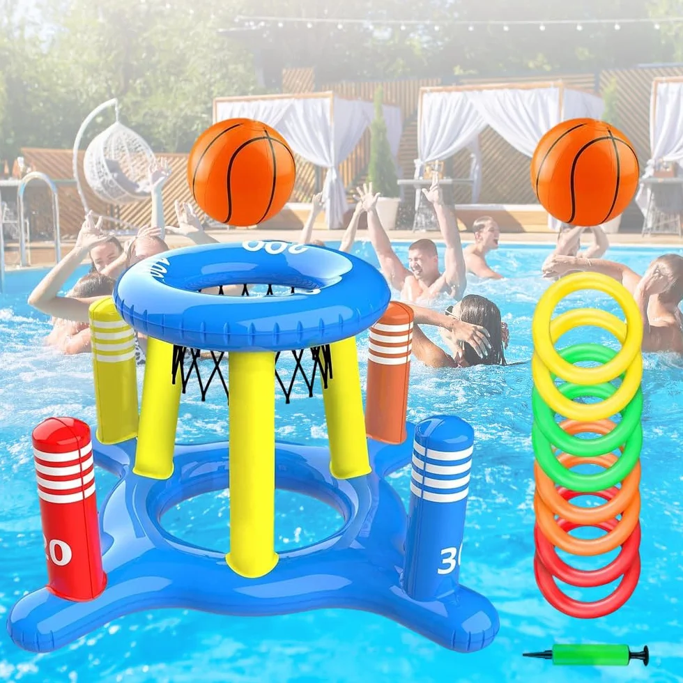Canestro gonfiabile per piscina con gioco di lancio ad anelli, set galleggiante gonfiabile, giocattolo acquatico, cestino da basket galleggiante con 2 palline e 8 anelli di lancio, gioco in