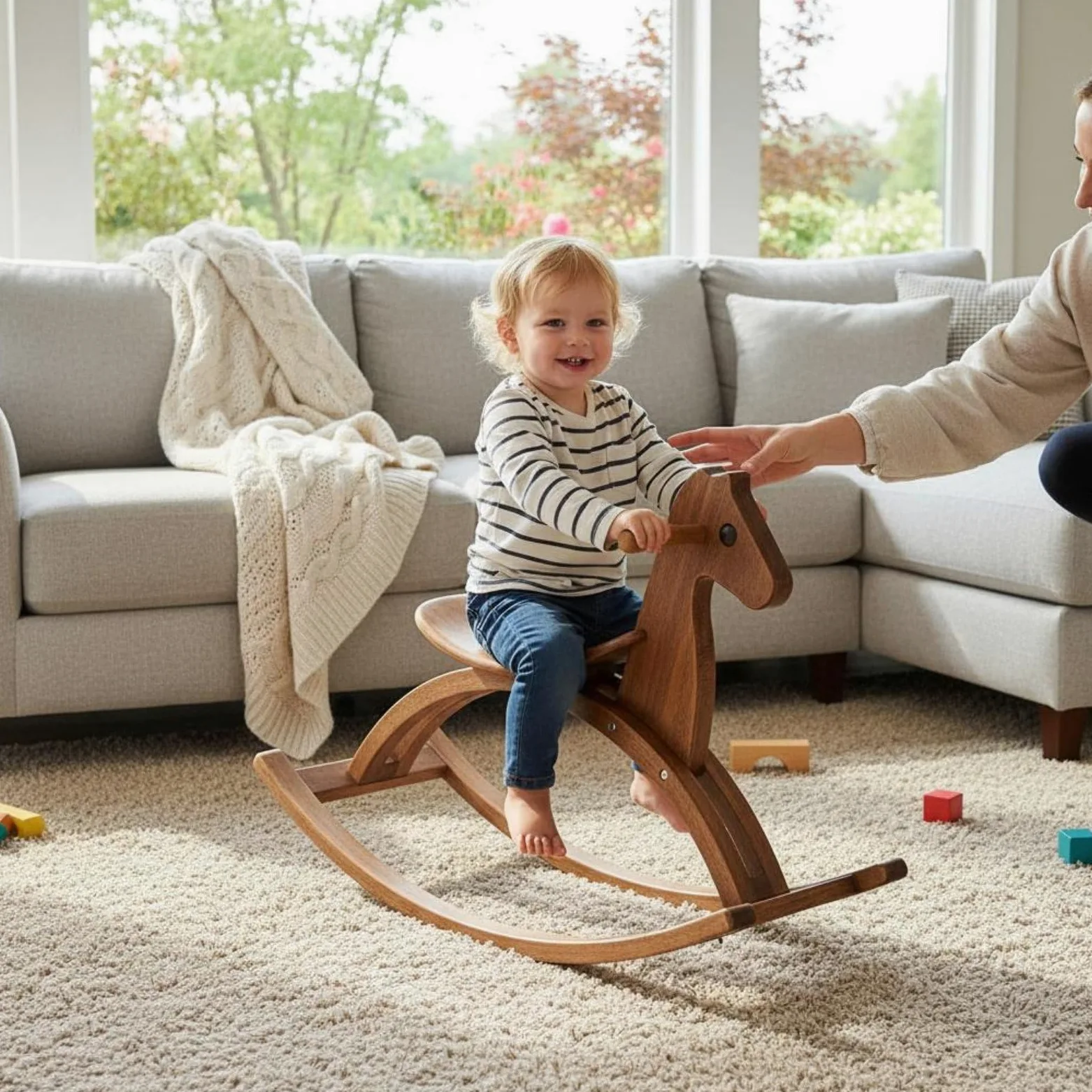 Sedia a Dondolo per Bambini Giocattolo a Dondolo Cavalluccio in Legno Seggiolina Dondolante Poltroncina Dondolante con Design Curvo Minimal E Venature, color to 1