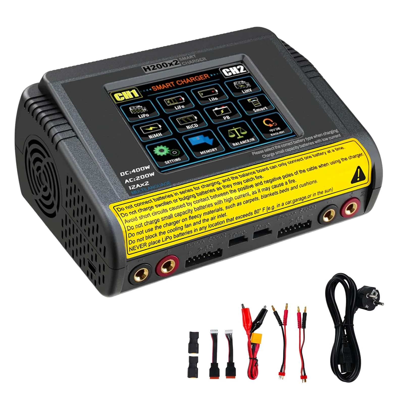 Caricabatterie lipo T400 AC200W/DC400W 12A,lipo caricatore bilanciato doppio scarico 3,2 pollici a colori touch screen scaricatore per LiPo/Lilon/LiFe/NiMH/NiCd/PB/NiMH