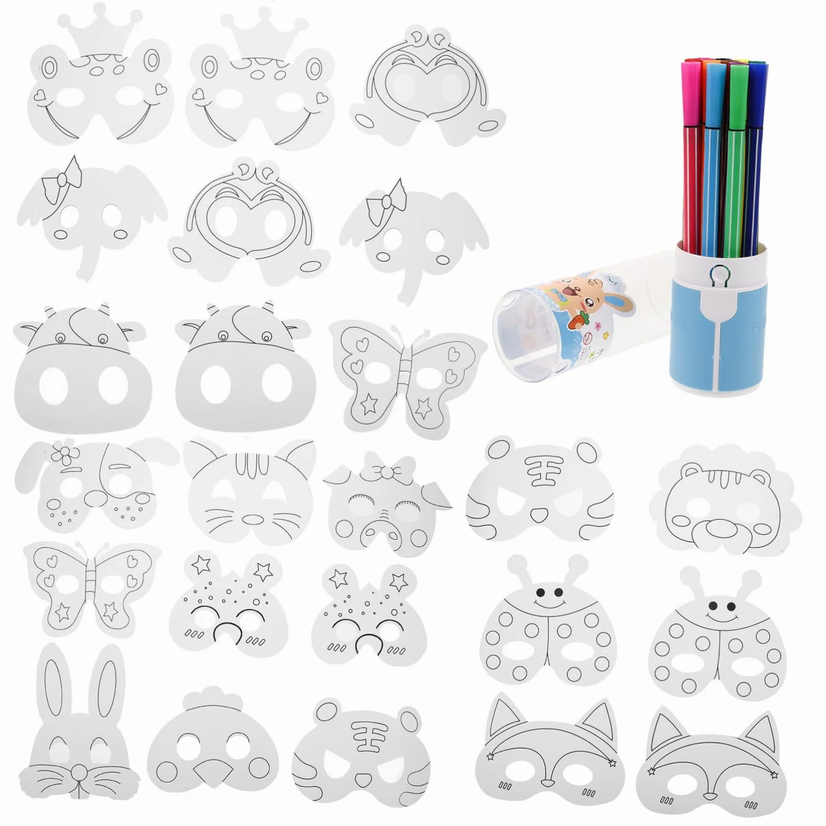 ibasenice Set di Maschere DIY per Bambini con Pig Mask in Carta e Plastico, 24 Pezzi con Pennarelli Acquerelli per Colorare e Stimolare Creatività e Coordinazione Mano-occhio Stili multipli
