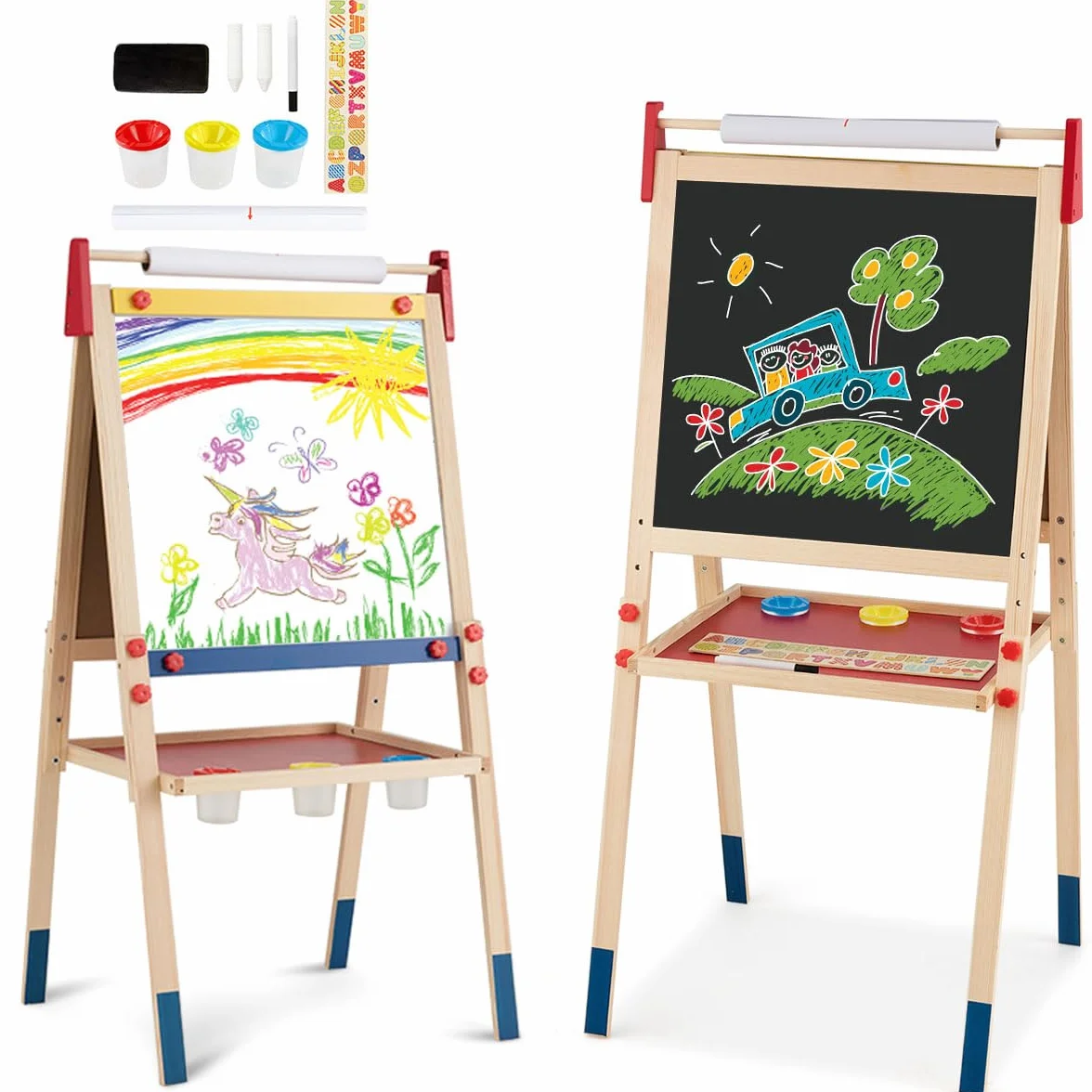 HOMASIS 3 in 1 Lavagna per Bambini con Rotolo di Carta, Cavalletto Pittura Bambini con Lavagna Doppia Faccia, Altezza e Ripiano Regolabile, Struttura in Legno di Pino, 60 x 55 x 112,5-124,5 cm