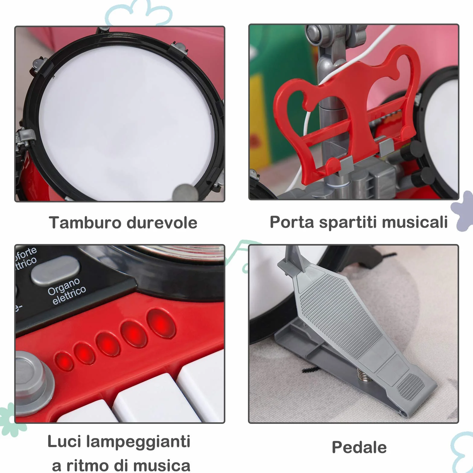 HOMCOM Set Batteria per Bambini con Strumenti Musicali, Batteria Jazz con 5 Tamburi e Sgabello, Giocattolo Musicale Educativo per Bambini, Effetti Sonori e Microfono Giocattolo, 77.5x40x76.5cm, Rosso