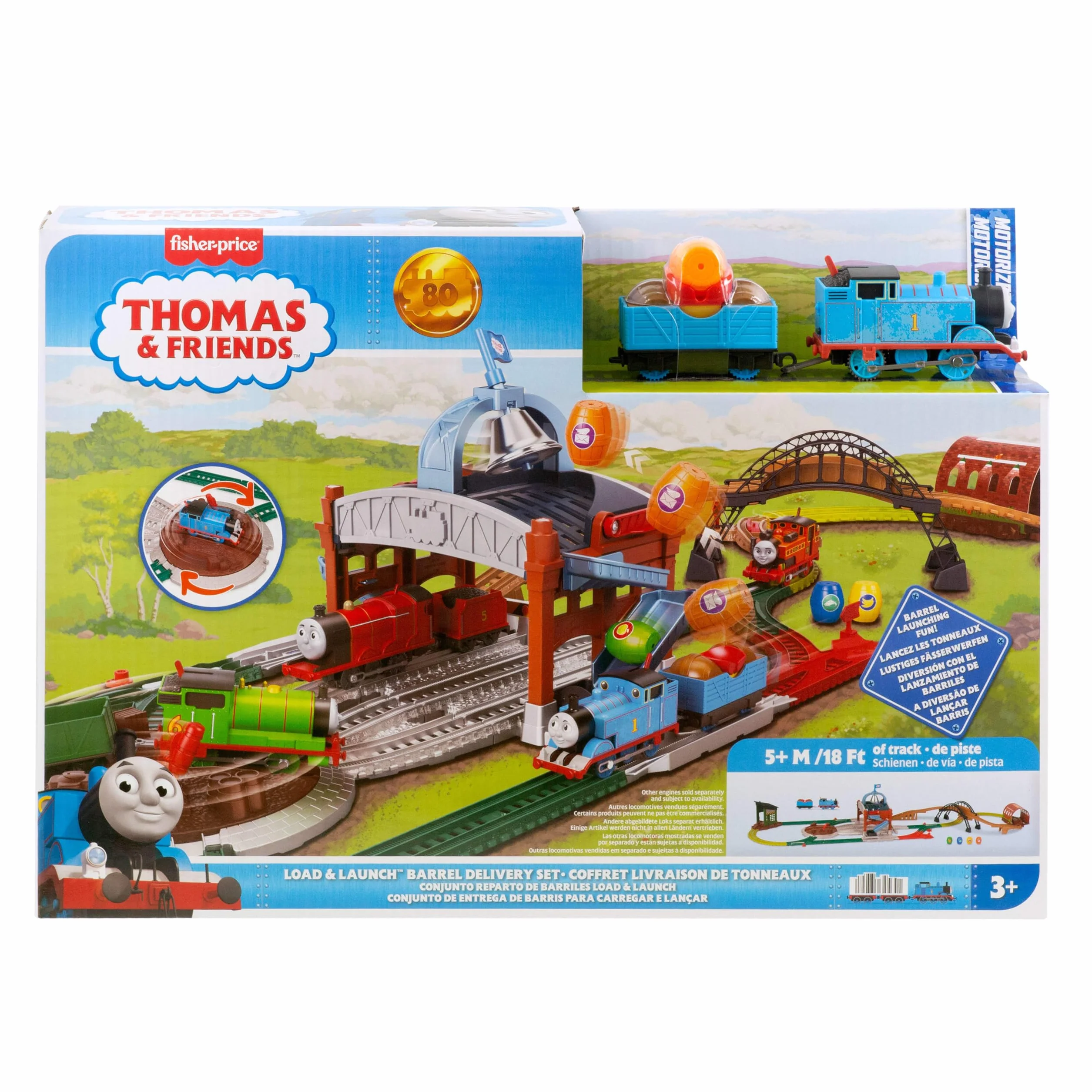 Thomas & Friends - Centro di Consegna Barili, set con locomotiva Thomas motorizzata a pile e vagone merci, pista lunga 5+ metri e barili inclusi, giocattolo per bambini, 3+ anni, JGY30