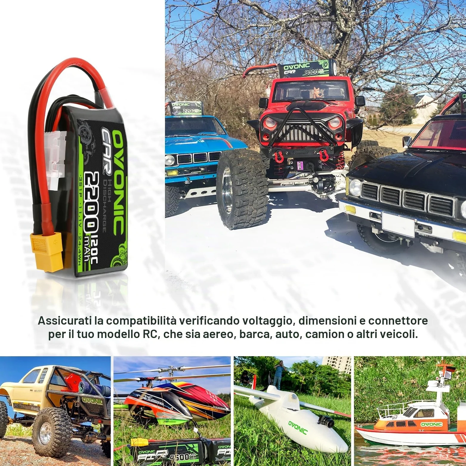 OVONIC Batteria 3s Lipo da 11,1 V 120 C 2200 mAh Shorty Pack con spina XT60 per aerei ed elicotteri Speciale per auto RC 1:14 (confezione da 2)