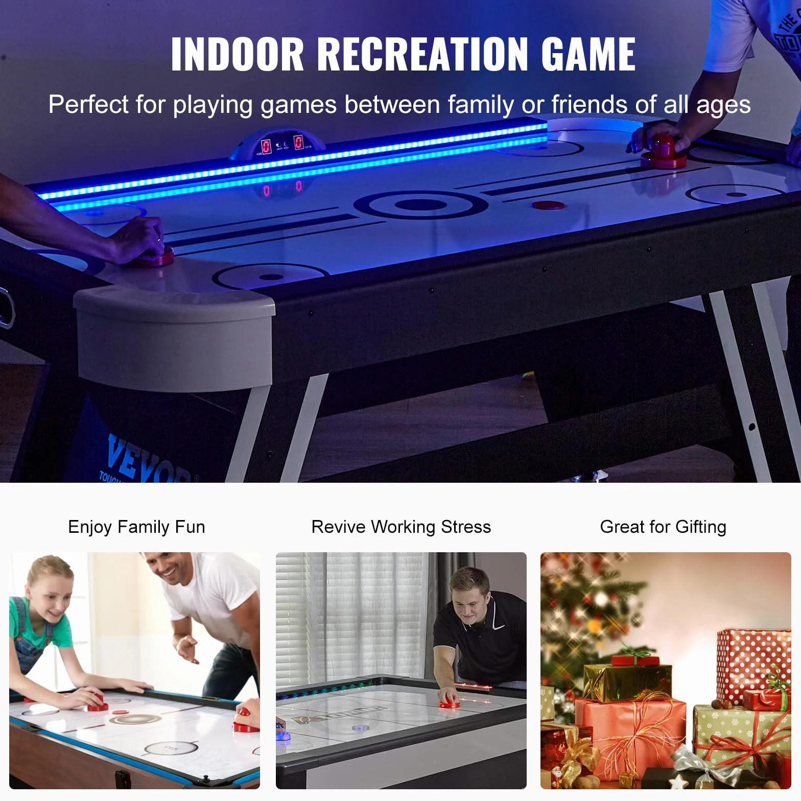 VEVOR Tavolo da Gioco ad aria Compressa, Tavolo Interno per Bambini e Adulti per Sala Giochi, Gioco da Balla Sportivo a LED con 2 Dischi, 2 Spingitori e Sistema di Punteggio Elettronico