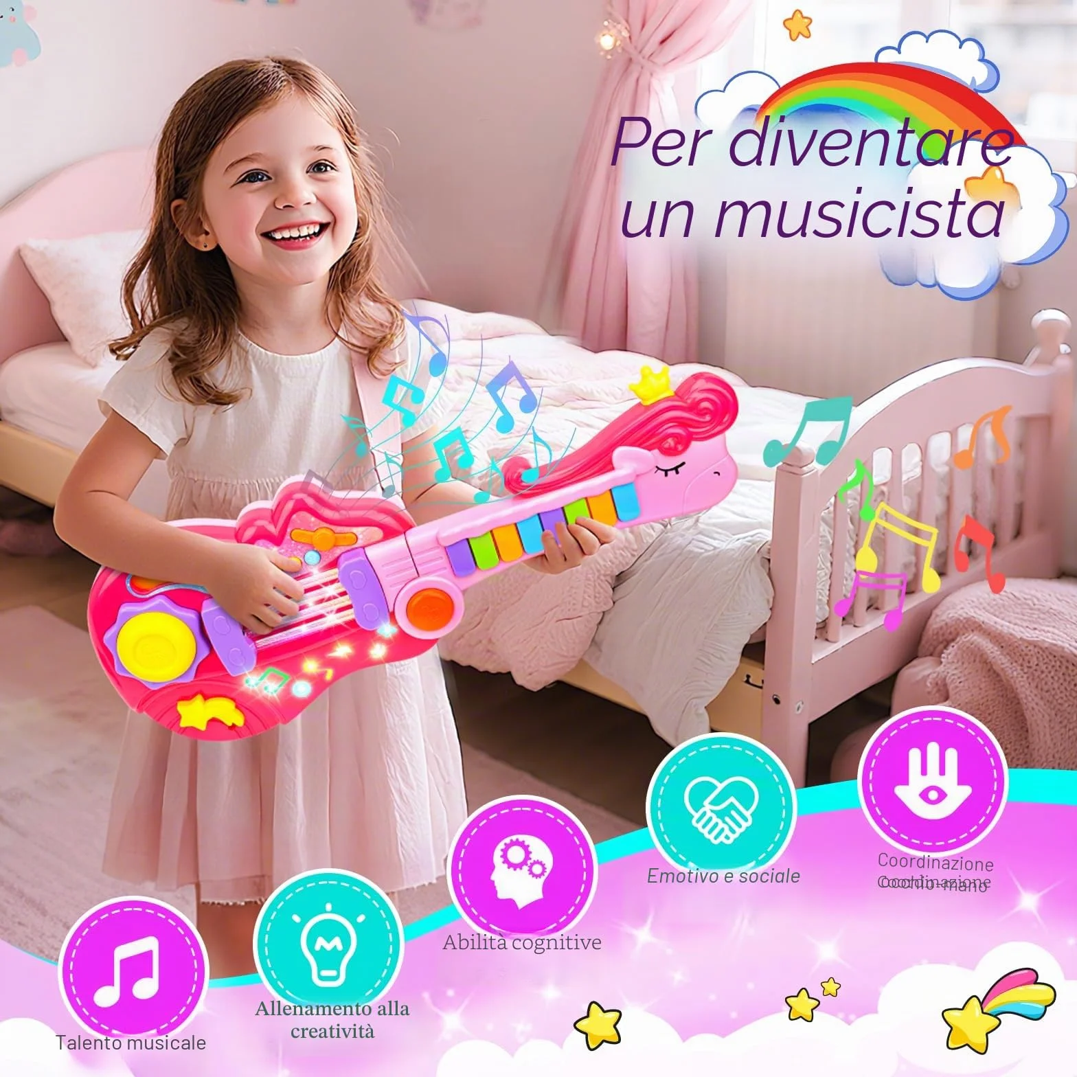 Chitarra Giocattolo 2-in-1 per Bambini con Modalità Pianoforte Strumento Musicale Elettrico Regalo 3-5 Anni Rosa