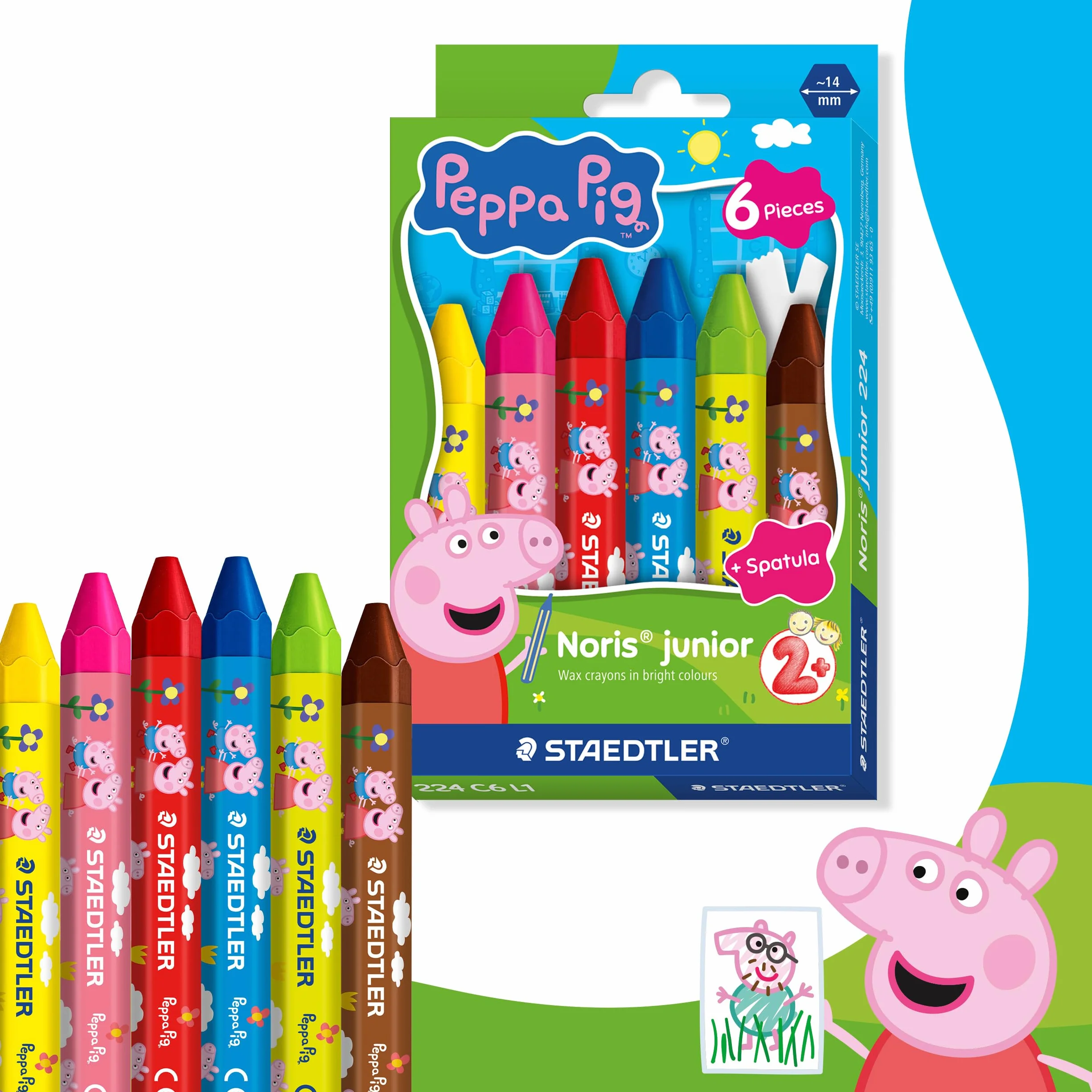 STAEDTLER Noris junior pastelli a cera Peppa Pig set da 6 – pastelli spessi per colorare grandi superfici e tecniche creative – per le piccole mani