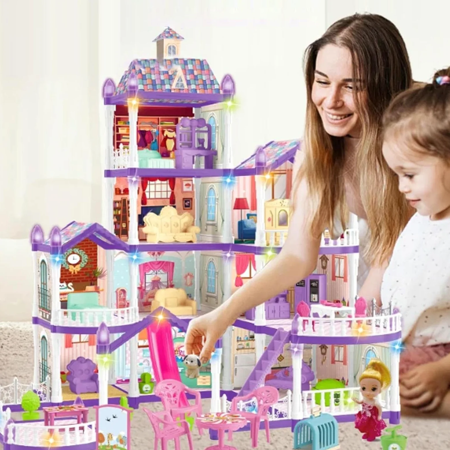 Casa delle Bambole per Bambine 4 Piani 13 Stanze Da Montare Miniatura | Villa Giocattolo Con 3 Principesse, 2 Cuccioli e Arredamento Per Bambine 4-6 di Ruolo Indoor Regalo per Feste