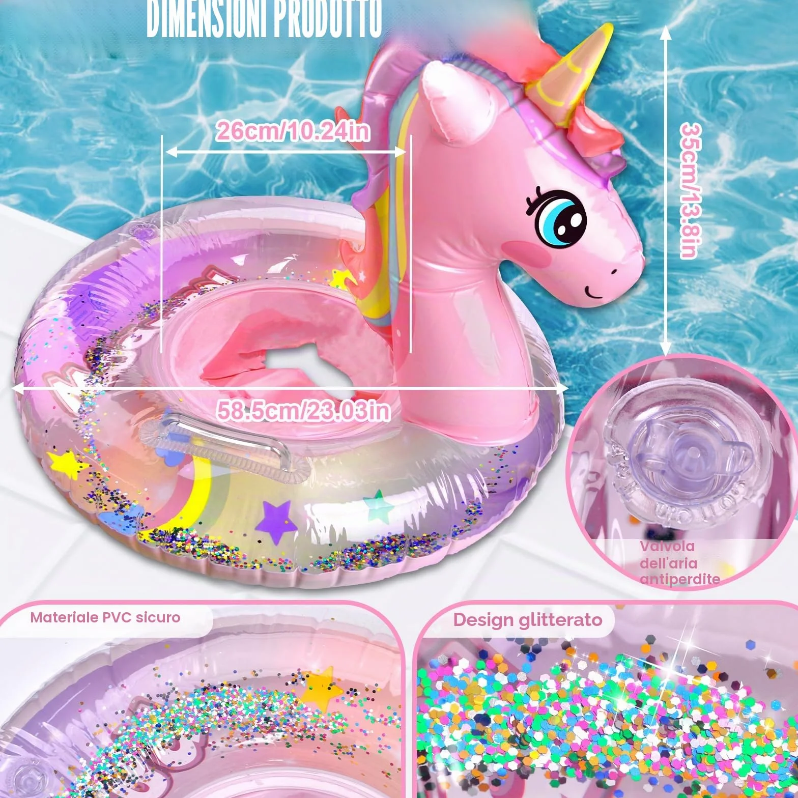 Salvagente Gonfiabile per bambini, Salvagente Gonfiabile Unicorno con Doppio Manico, Galleggiante Gonfiabile del Bambino Seggiolino Dell'anello di Nuoto del