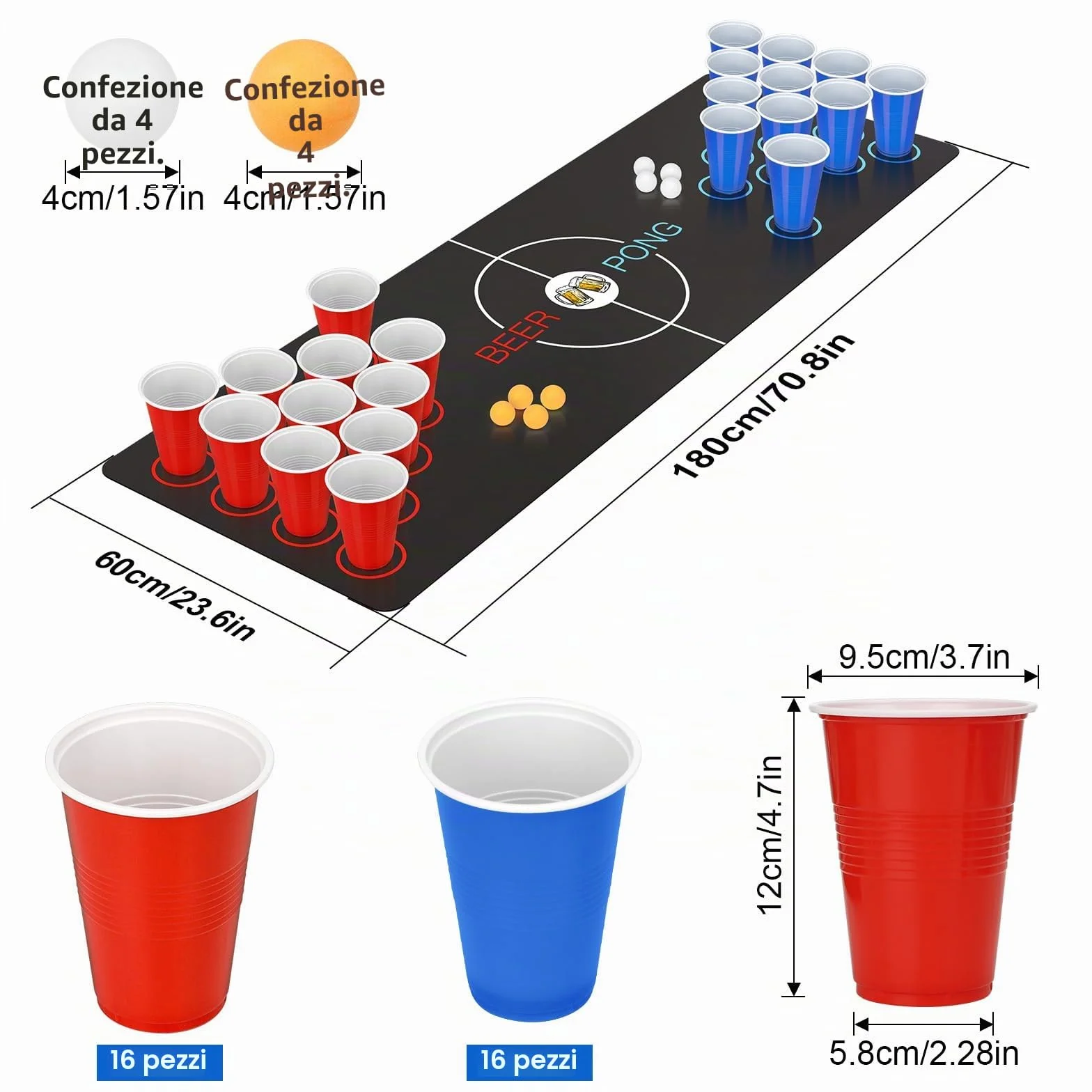 Beer Pong Ping Pong Kit, Birra Pong Tazze, 32 Bicchieri Beer Pong (500ml), 8 Palline da Ping Pong, Tappeto da Gioco, per Adulti Festa,Festival, Matrimoni, Campeggio