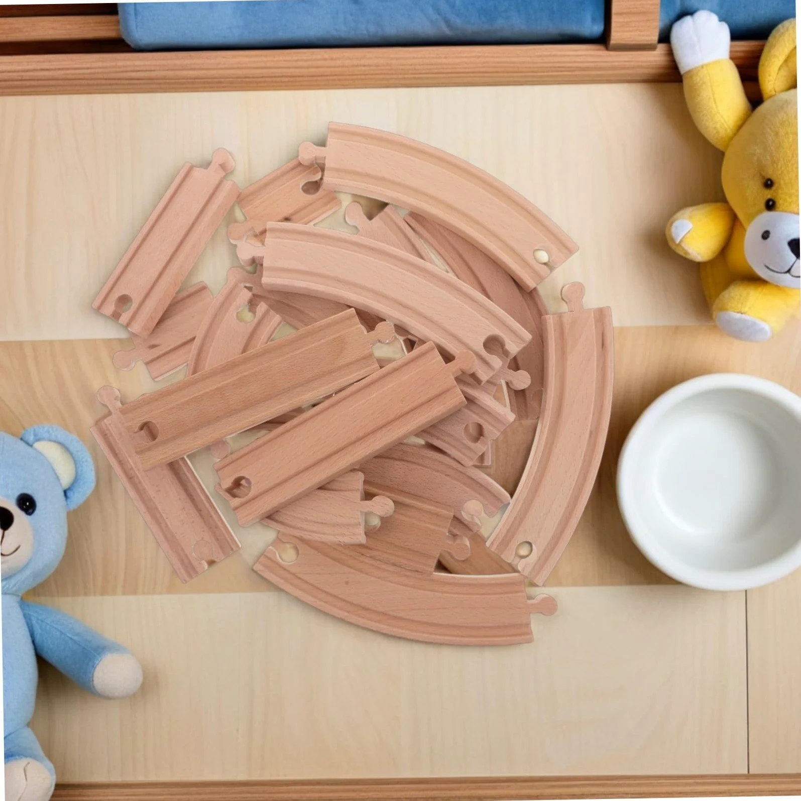 HEMOTON Binari in Legno per Trenini, 20 Pezzi Beige, Curve e Dritte | Compatibili con Modellini Ferroviari, Pezzi di Giunzione Inclusi, Montaggio Creativo per Gioco Quotidiano