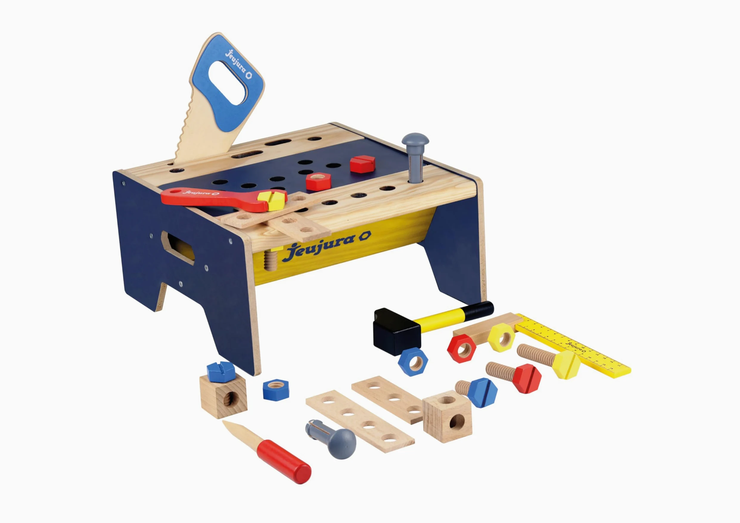 JEUJURA - Banco da lavoro in legno con 5 Strumenti e Accessori per il fai da te - Gioco per bambini dai 3 anni - con martello, sega, cacciavite, chiave e viti - Sviluppo motorio - Made in France