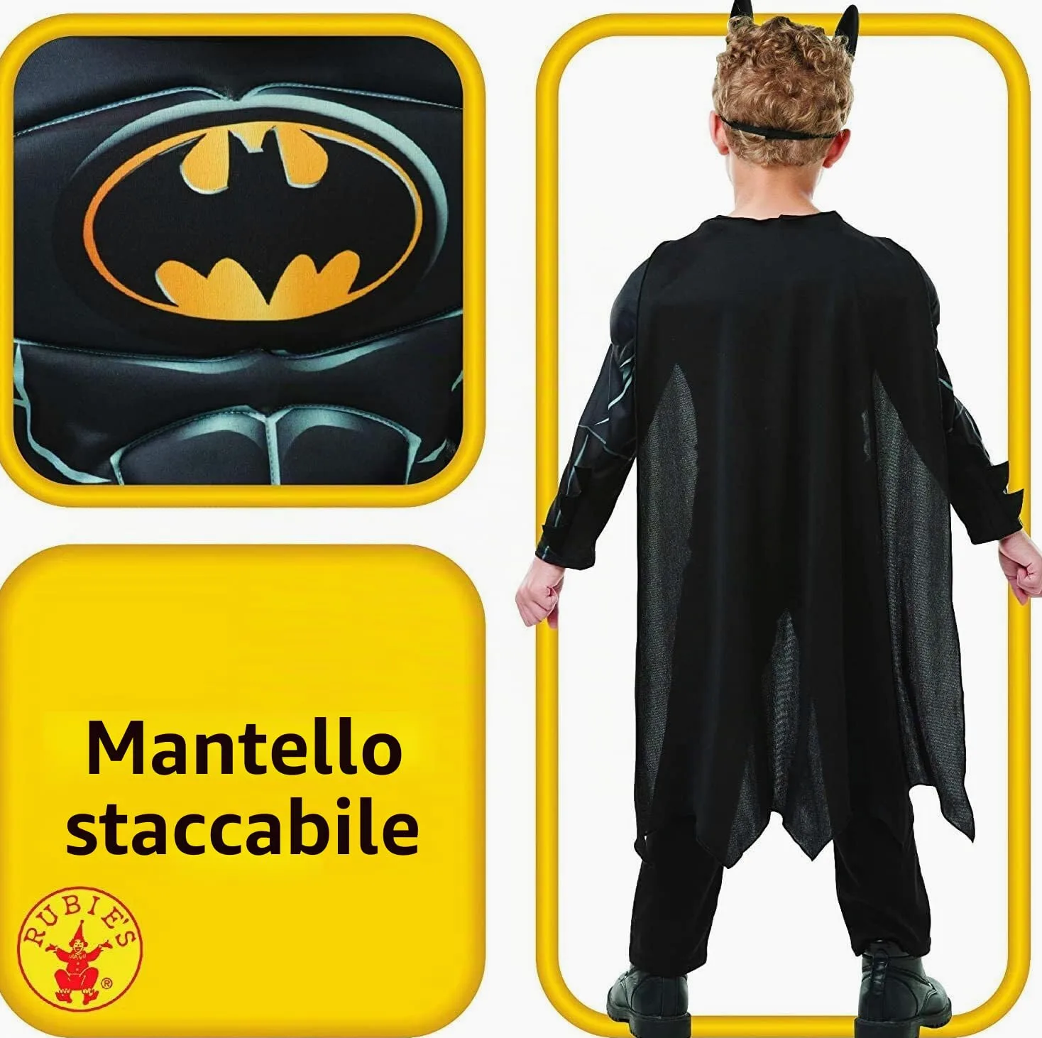 Rubies Costume Batman Black Core Deluxe per Bambini, con Petto muscoloso di Lusso Ufficiale Batman Nero Mantello Rimovibile e Maschera per Halloween, Natale, Carnevale e Compleanno