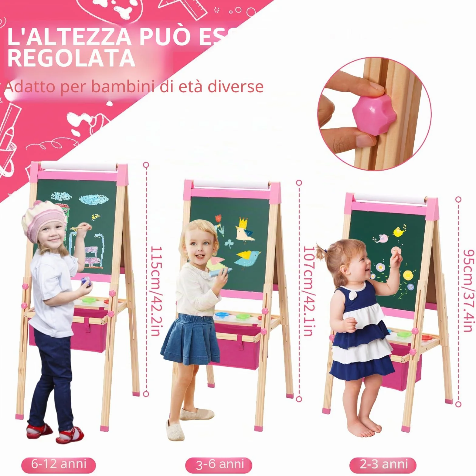 Lavagna per Bambini 3 in 1 con Rotolo di Carta, Cavalletto Artistico Pieghevole Rosa