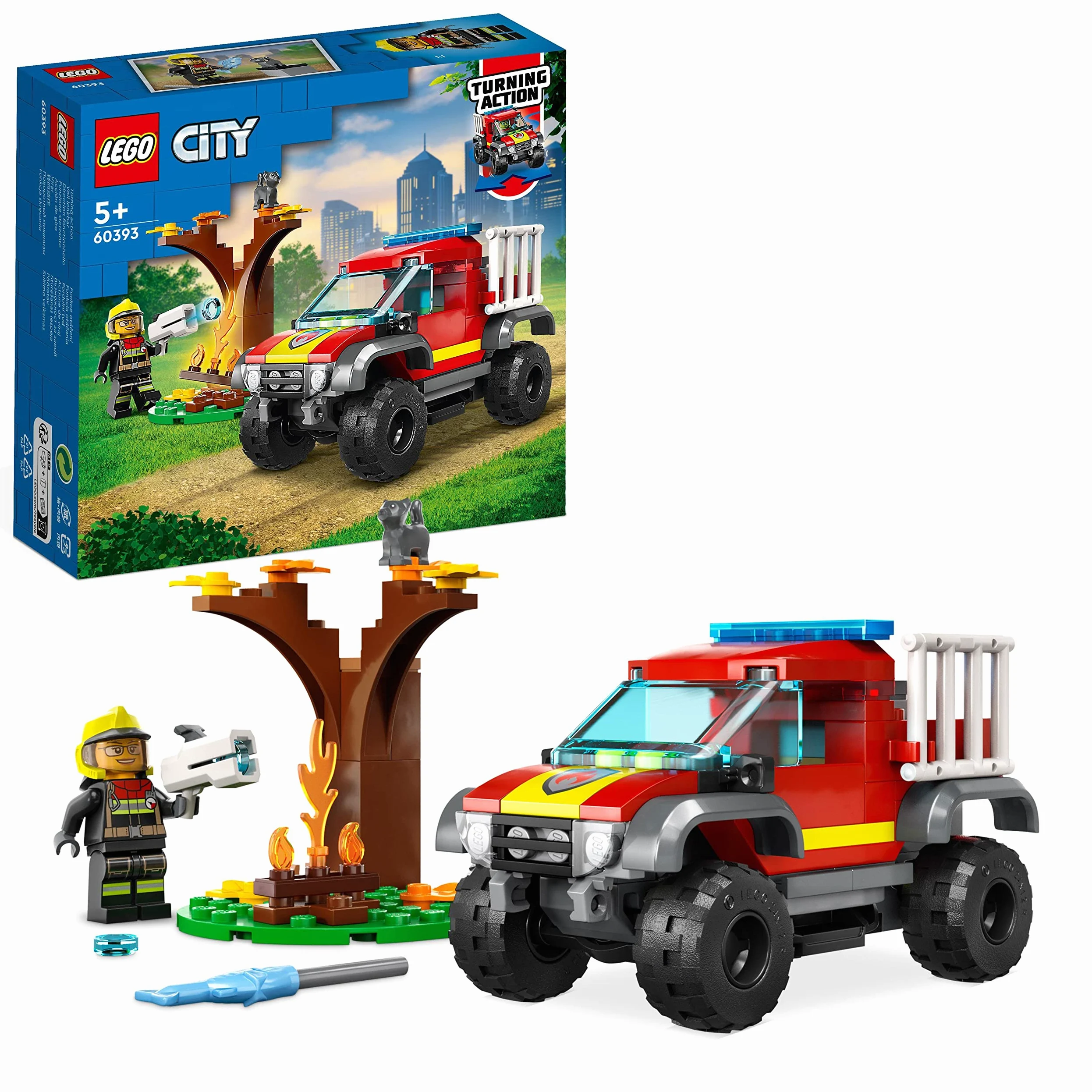LEGO City Fire Soccorso sul Fuoristrada dei Pompieri, Camion Giocattolo dei Vigili del Fuoco 4x4 Lancia-Elementi d'Acqua, Giochi per Bambini e Bambine 60393