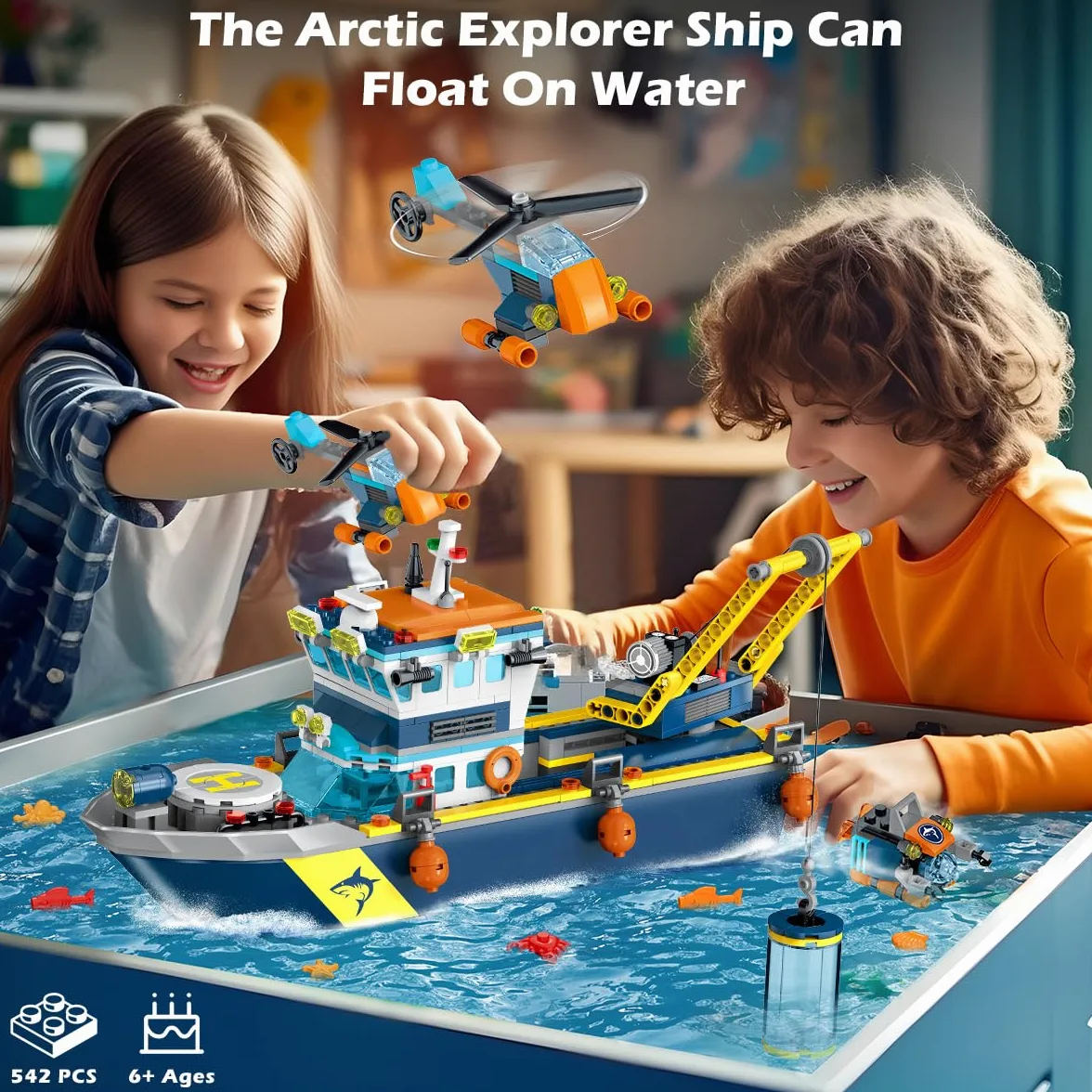 HOGOKIDS City Arctic Explorer Set di costruzioni navali con luce LED - Divertente kit di blocchi da costruzione galleggianti regalo per l'esplorazione dell'oceano per bambini bambine dai 6 anni in su