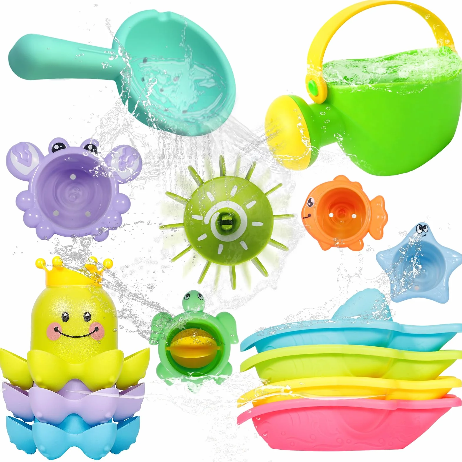 Giochi Bagnetto Neonato 14 Pezzi, Set Giochi Vasca da Bagno Bambini con Annaffiatoio, Ruota d’Acqua, Bicchieri Impilabili e Barchette, Giochi Bagnetto Neonato Atimuffa per Bagno e Piscina